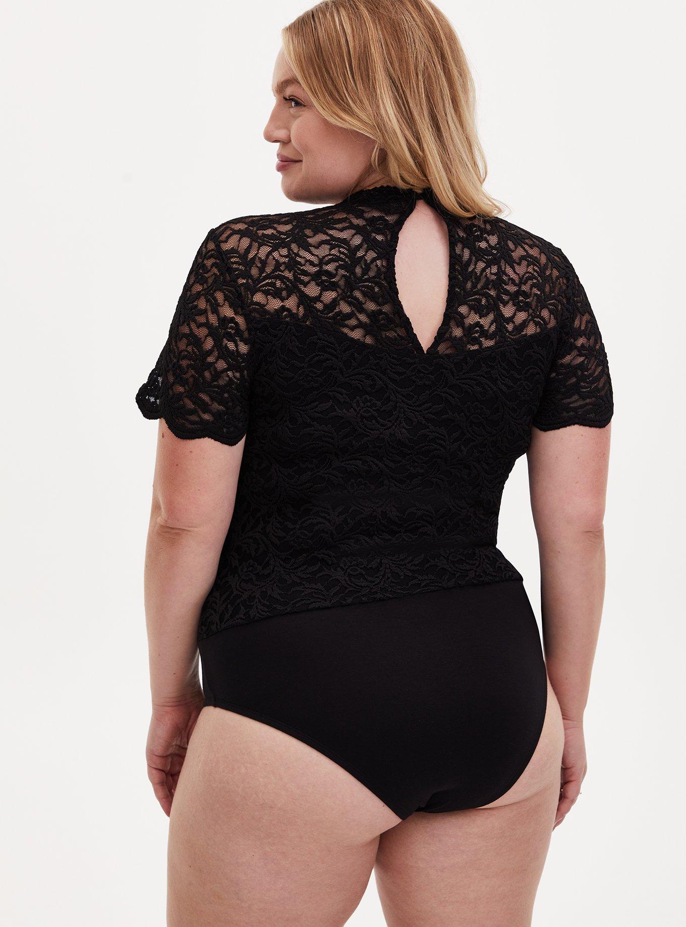 Lace High Neck Short Sleeve Bodysuit, , alternate