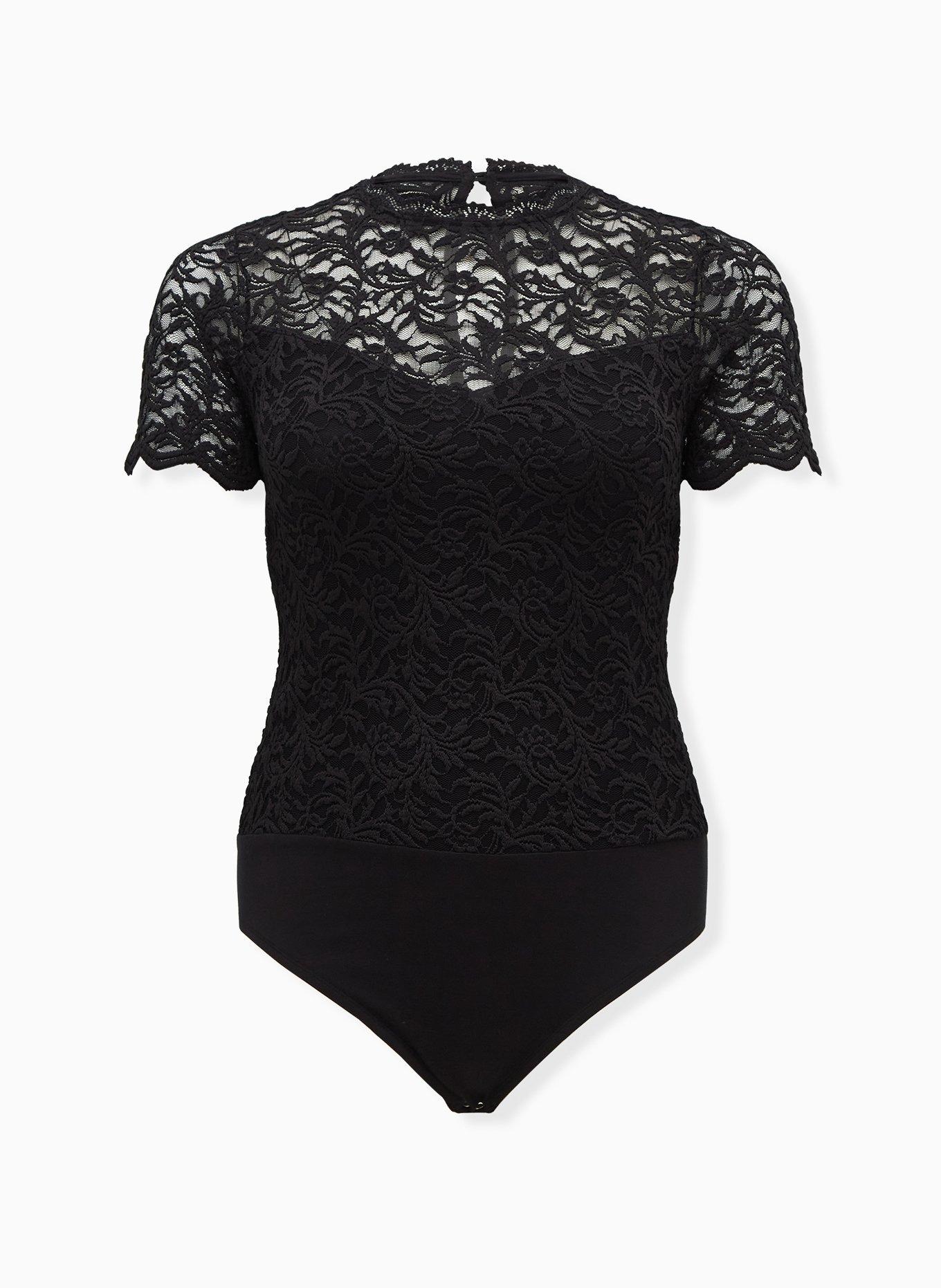Lace High Neck Short Sleeve Bodysuit, , hi-res