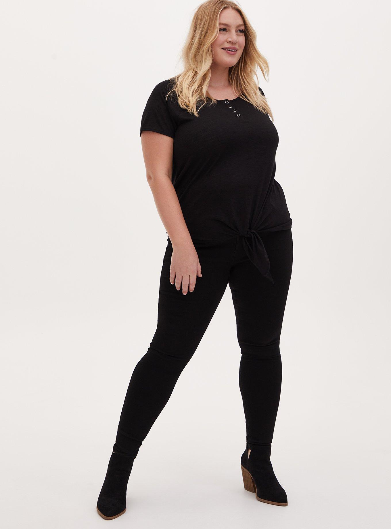 Black  Slub Jersey Tie Front Henley Tee, DEEP BLACK, alternate