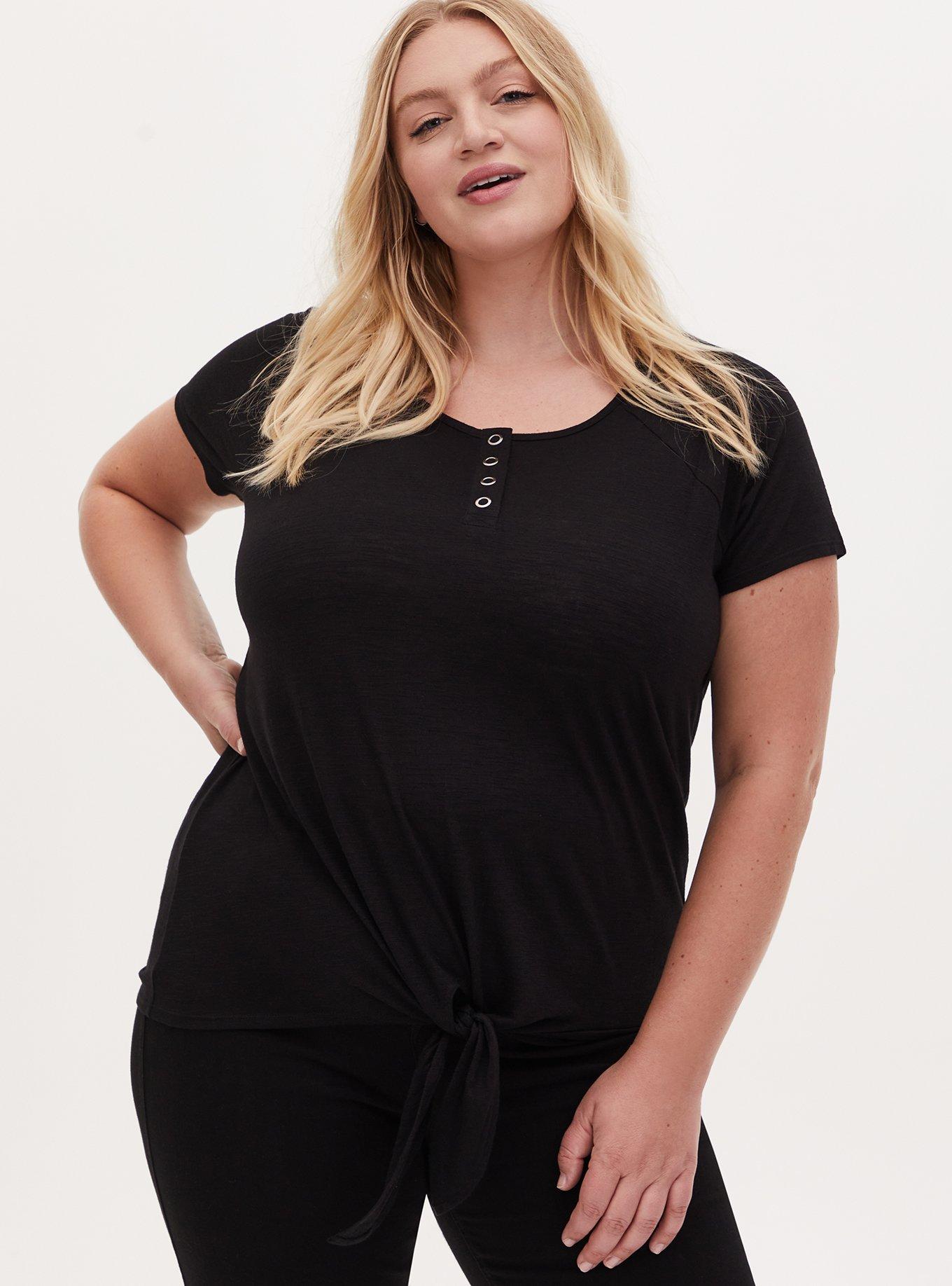 Black  Slub Jersey Tie Front Henley Tee, DEEP BLACK, hi-res