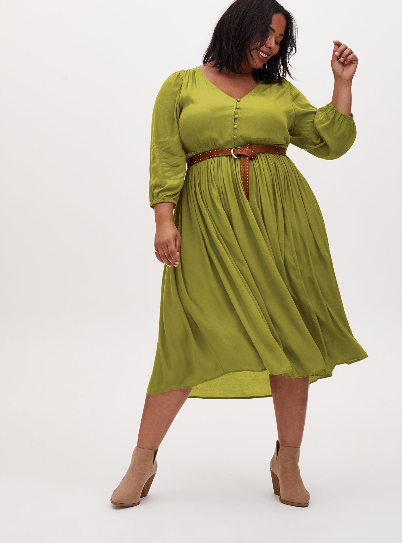 Plus Size - Chartreuse Satin Button Tea Length Dress - Torrid