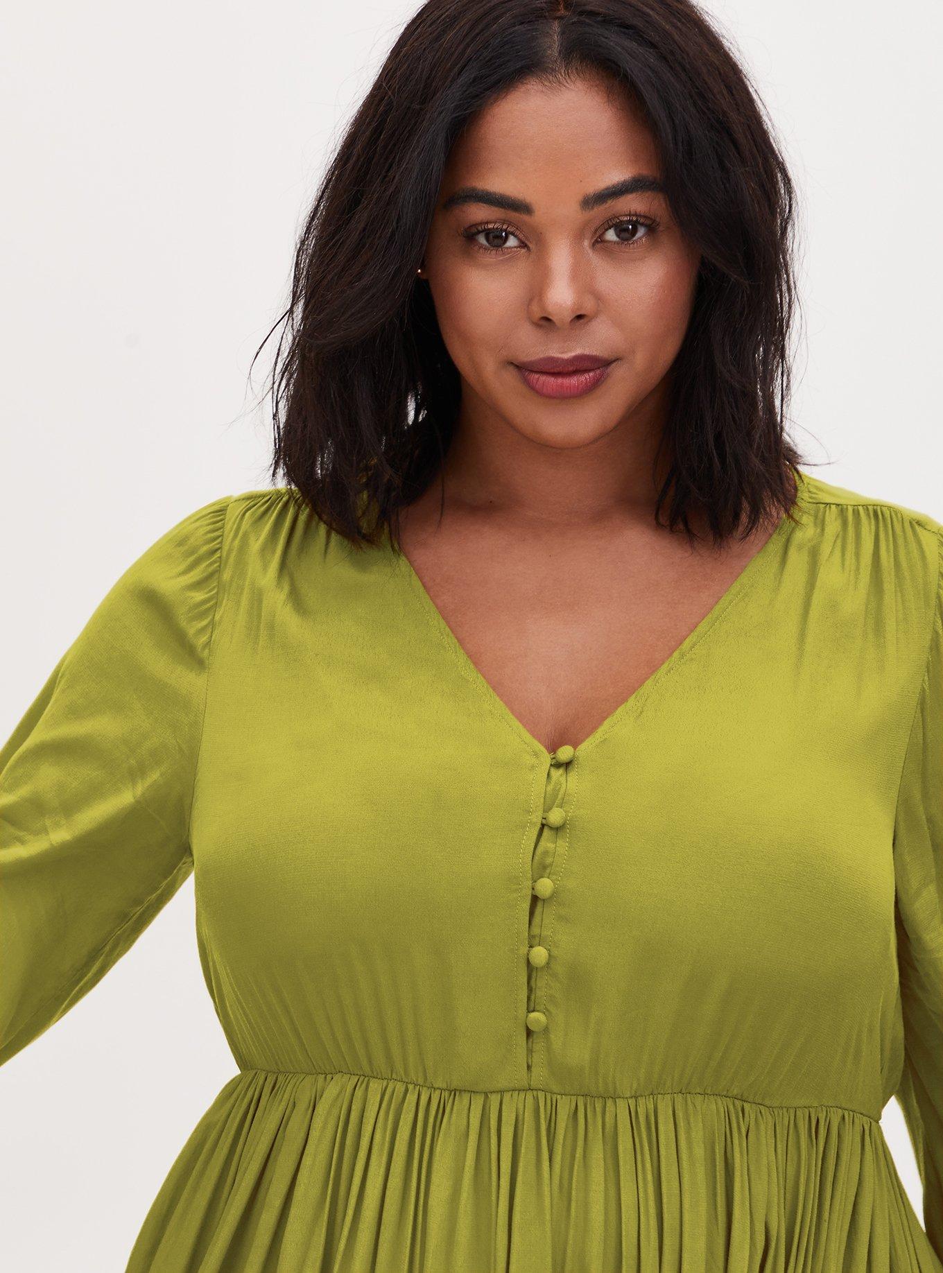 Plus Size - Chartreuse Satin Button Tea Length Dress - Torrid