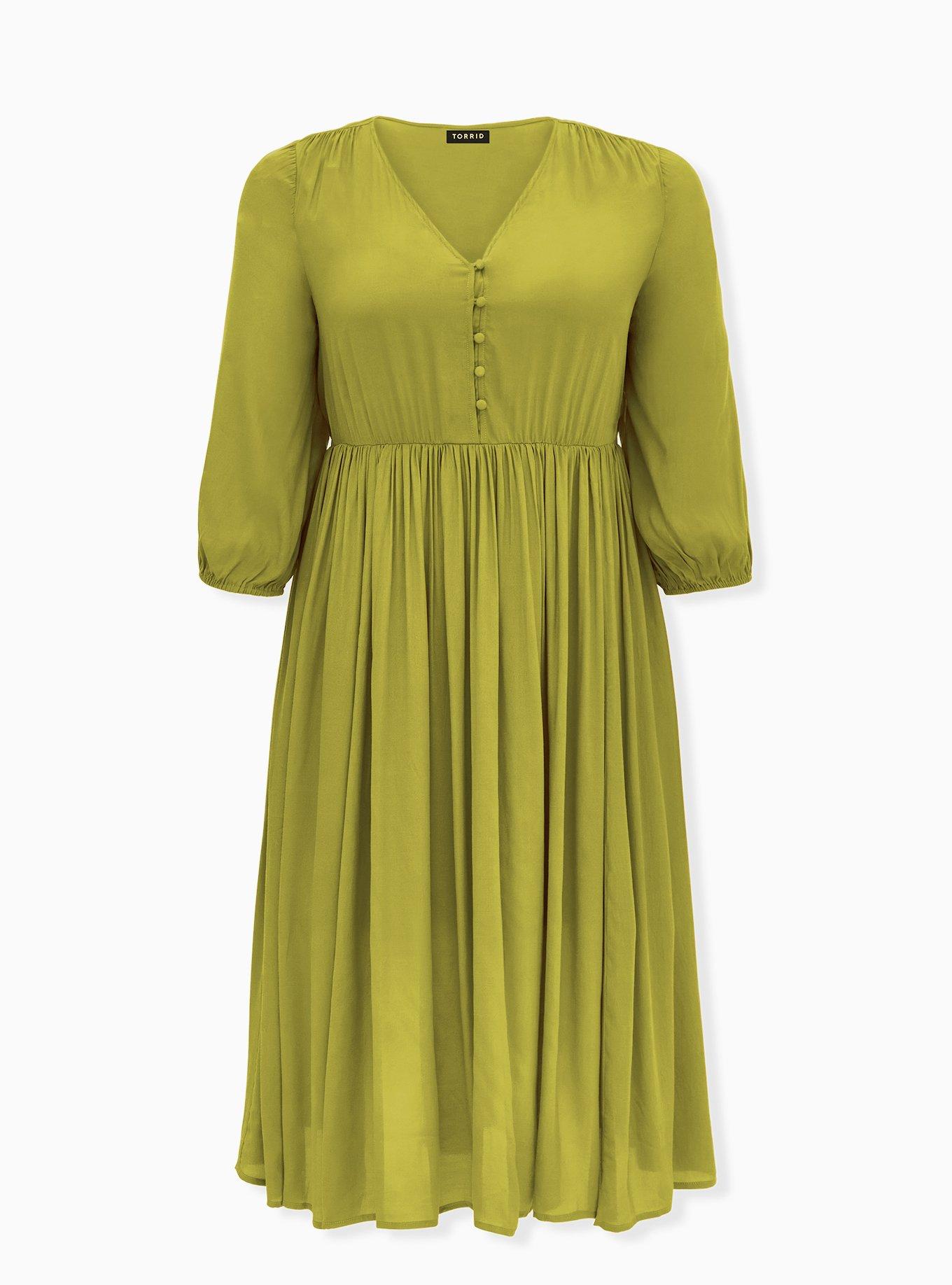 Plus Size Chartreuse Satin Button Tea Length Dress, , hi-res