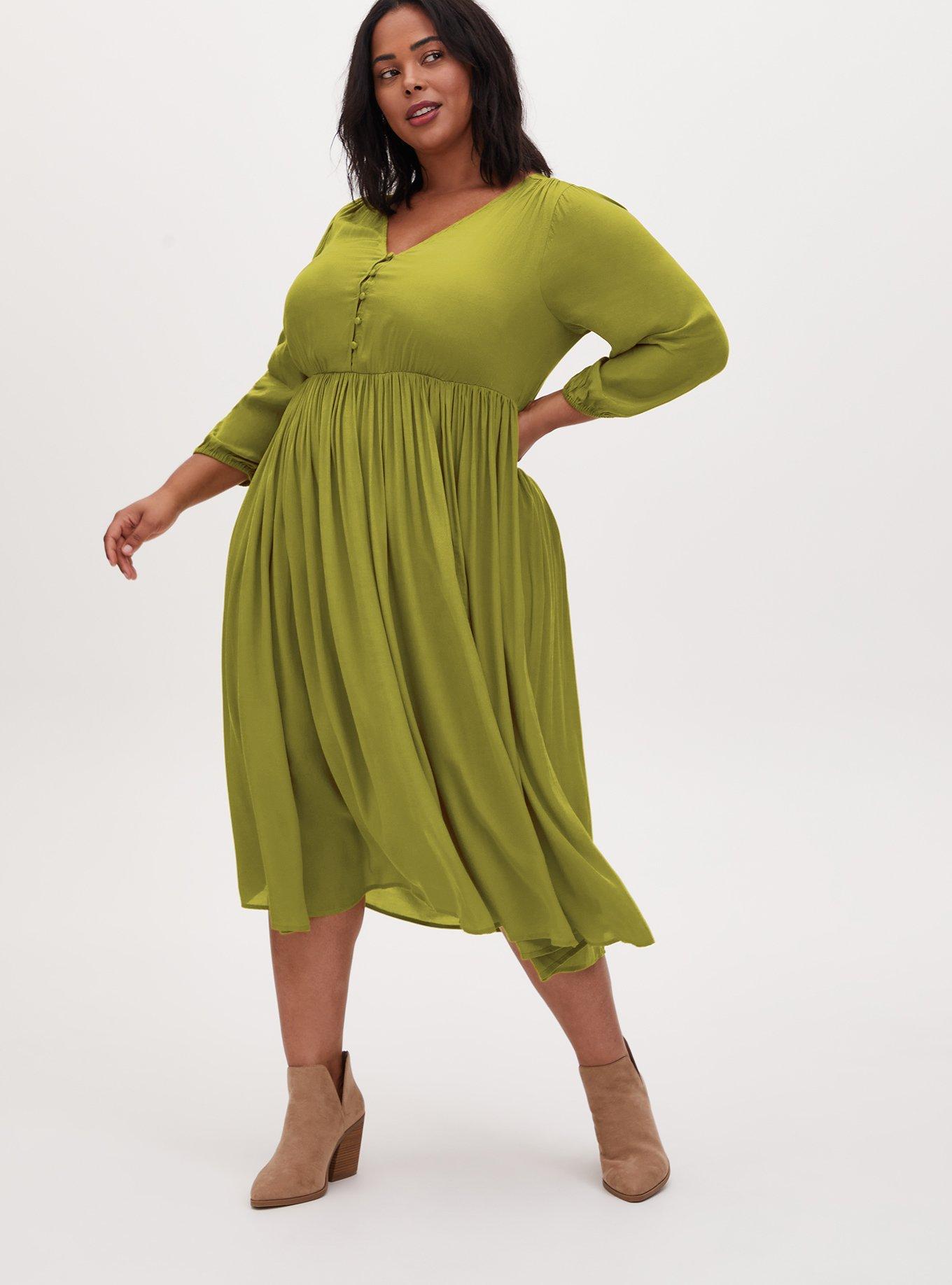 Plus Size Chartreuse Satin Button Tea Length Dress, , hi-res