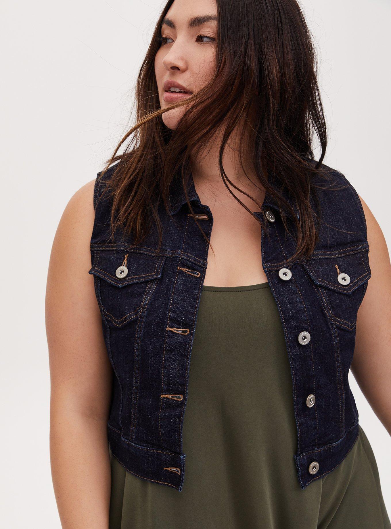 Plus size black denim vest sales