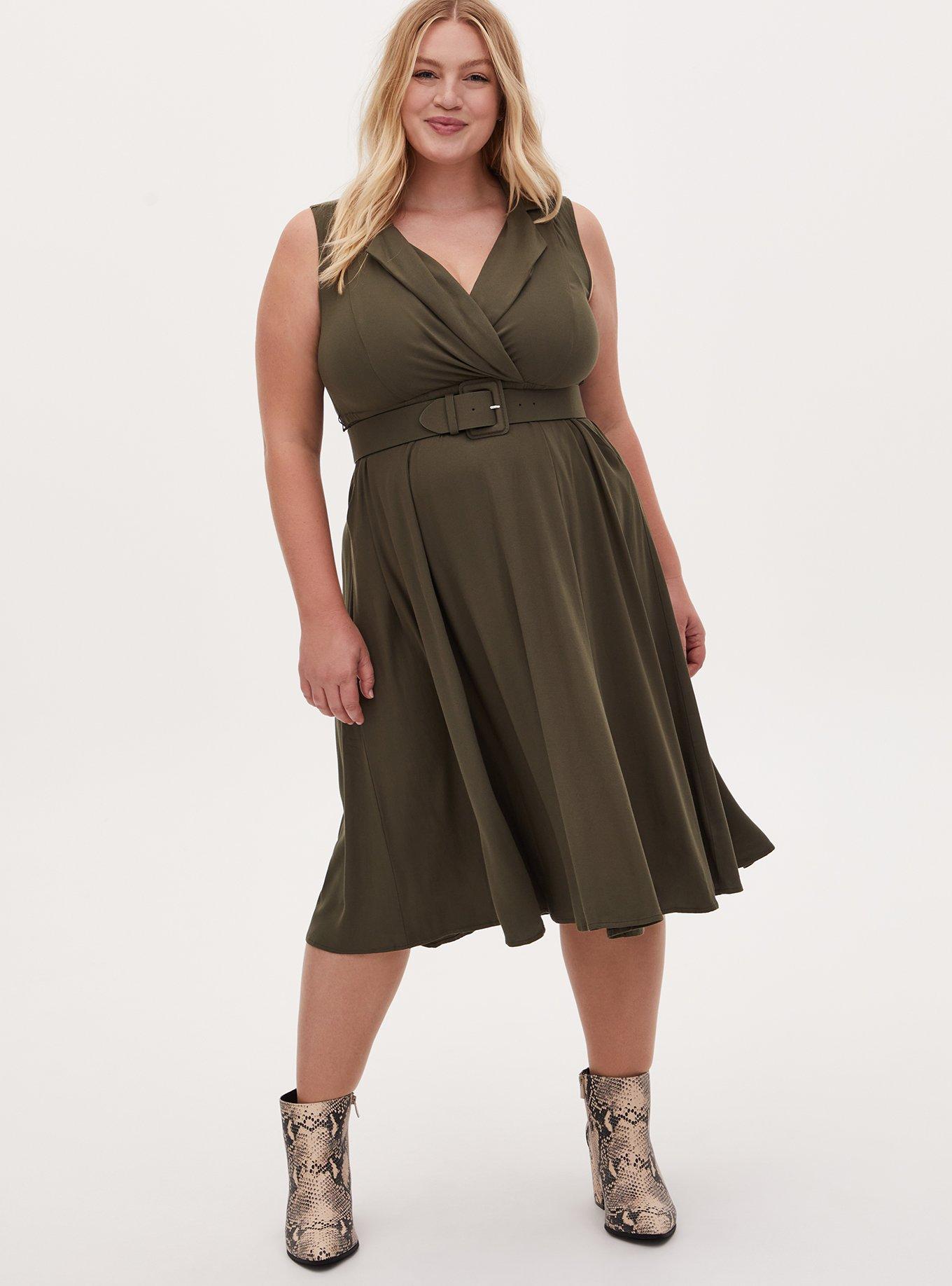Plus Size Olive Green Twill Belted Midi Dress Torrid