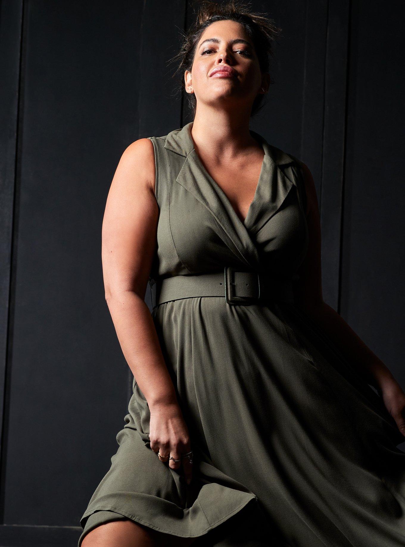 Plus Size Olive Green Twill Belted Midi Dress Torrid