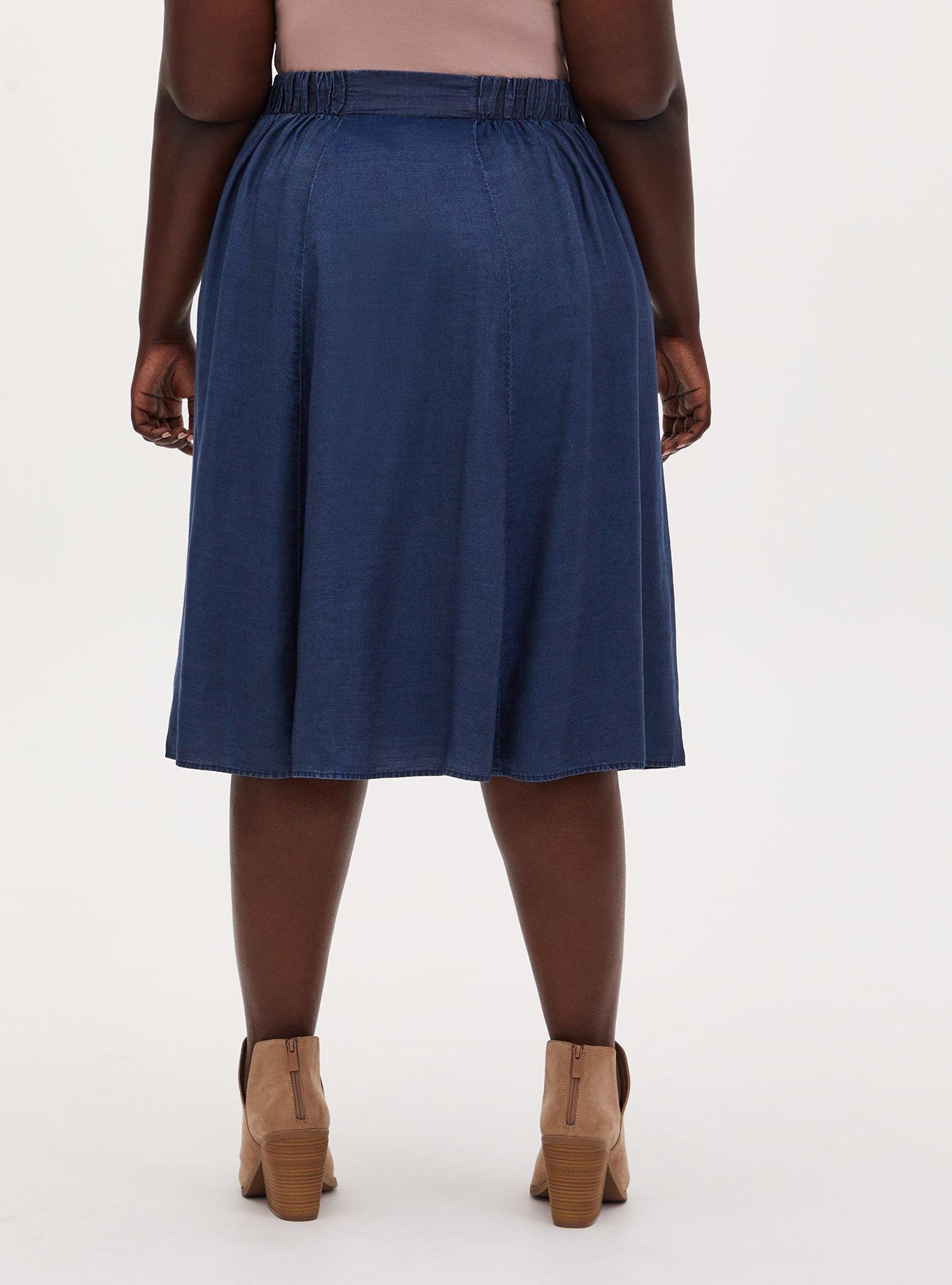 Plus Size Midi Chambray Button-Front Skirt, DARK BLUE, alternate