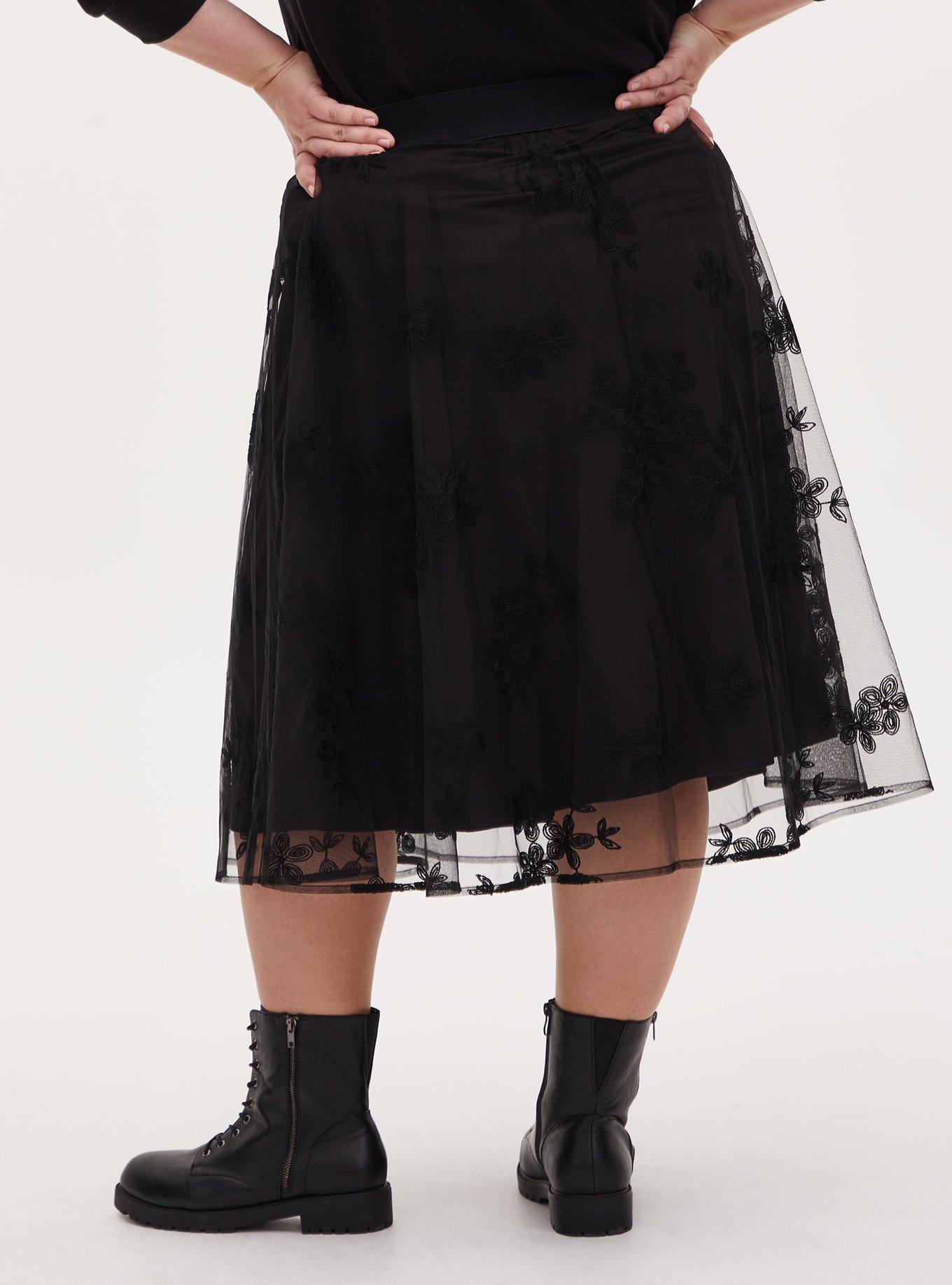 Black Mesh Embroidered Midi Skirt , DEEP BLACK, alternate