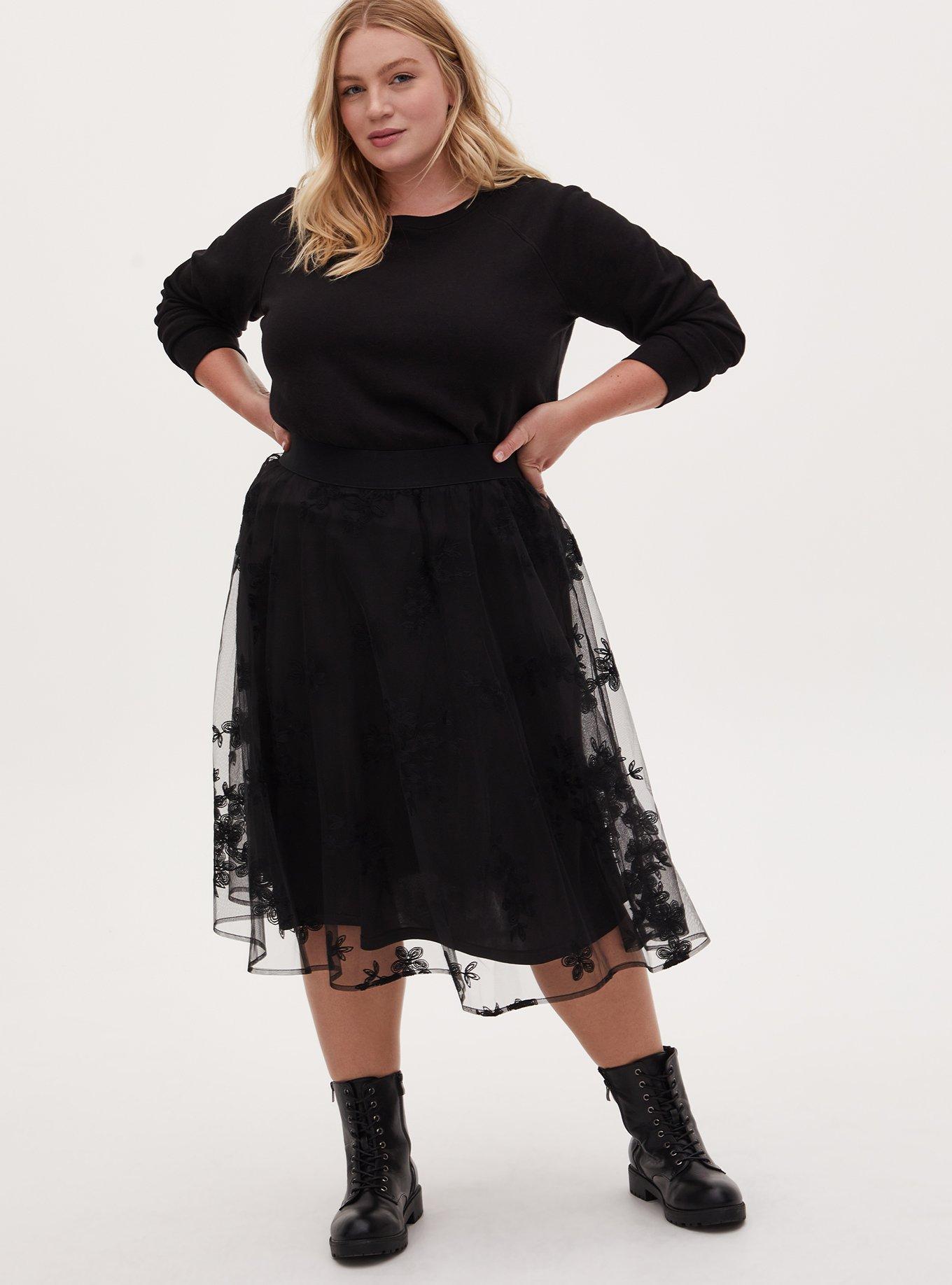 Black Mesh Embroidered Midi Skirt , DEEP BLACK, alternate