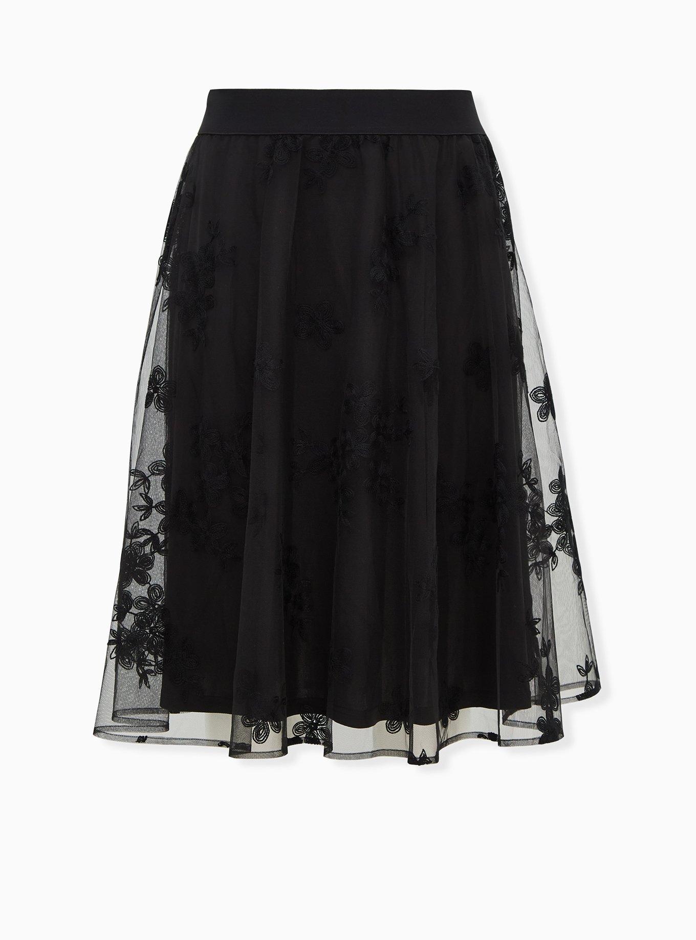 Black Mesh Embroidered Midi Skirt , DEEP BLACK, hi-res