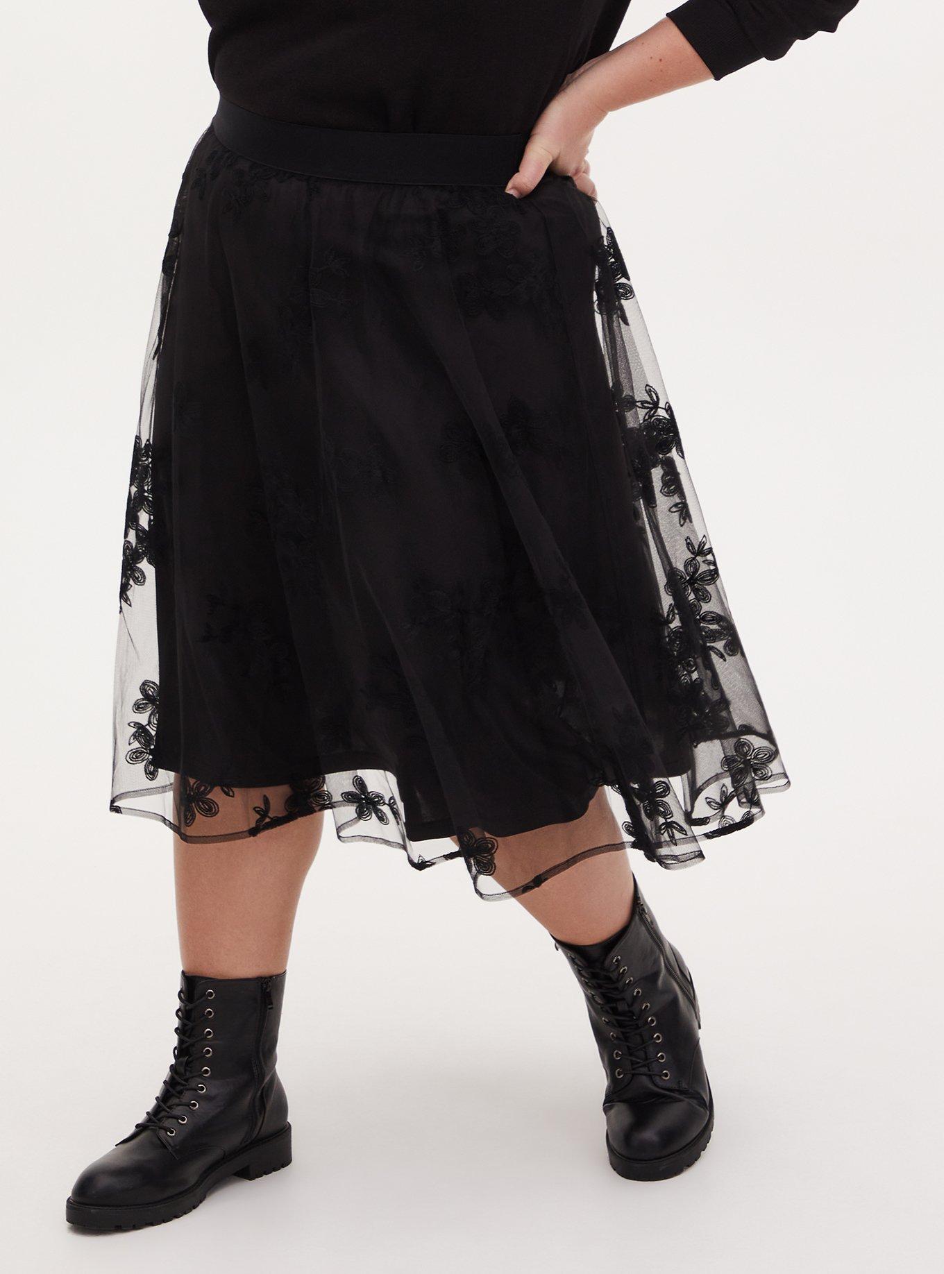 Black Mesh Embroidered Midi Skirt , DEEP BLACK, hi-res