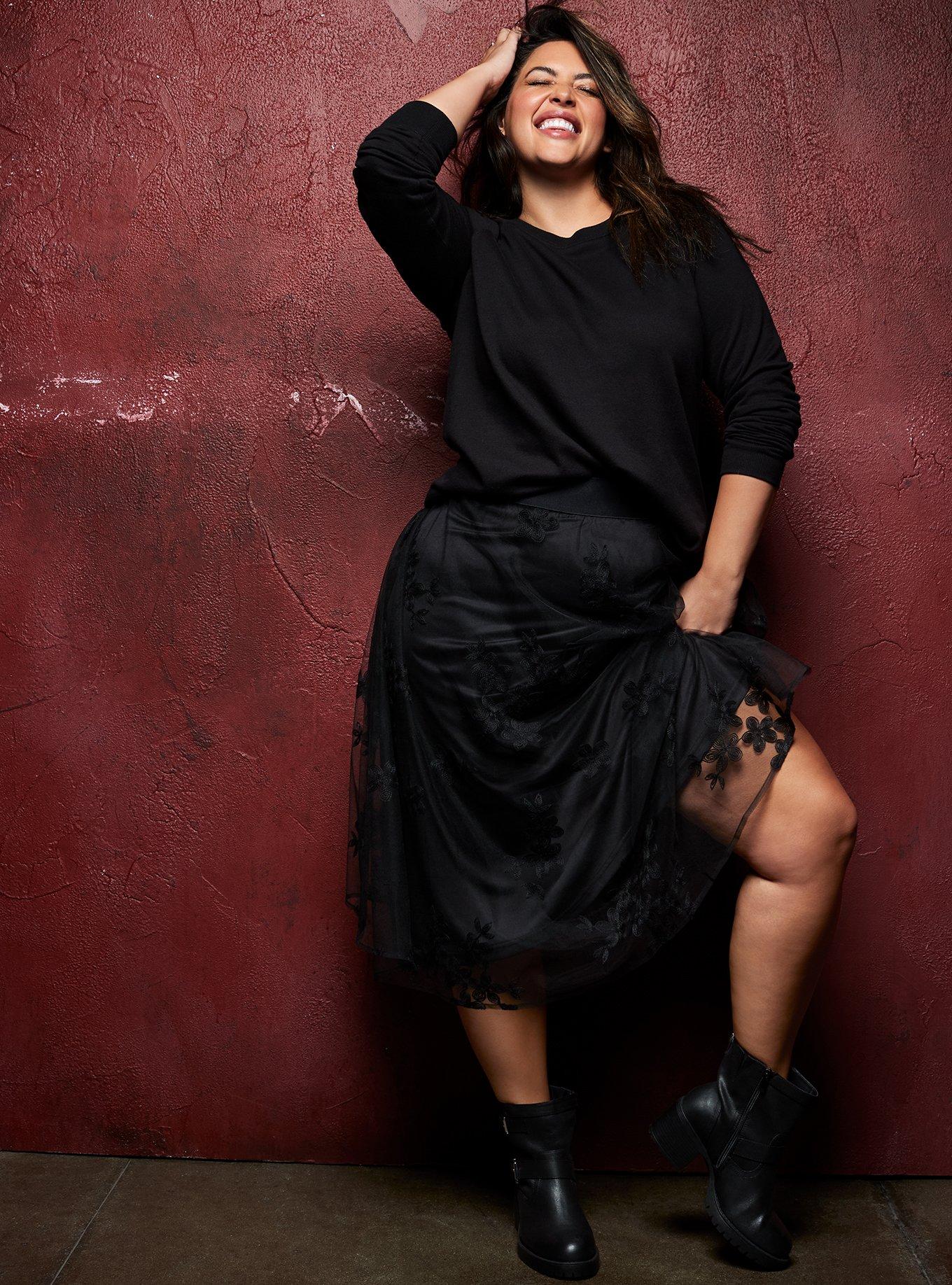 Black Mesh Embroidered Midi Skirt , DEEP BLACK, hi-res