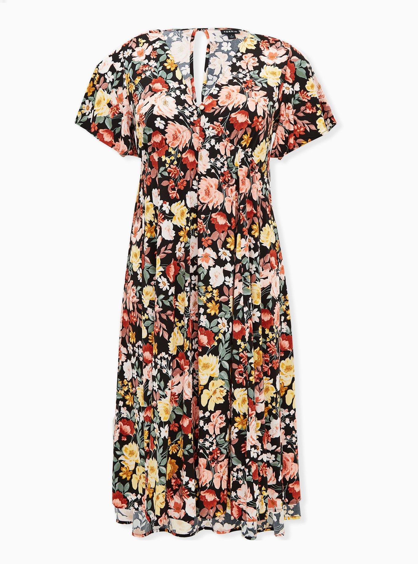 Black Floral Challis Button Front Midi Dress, , hi-res