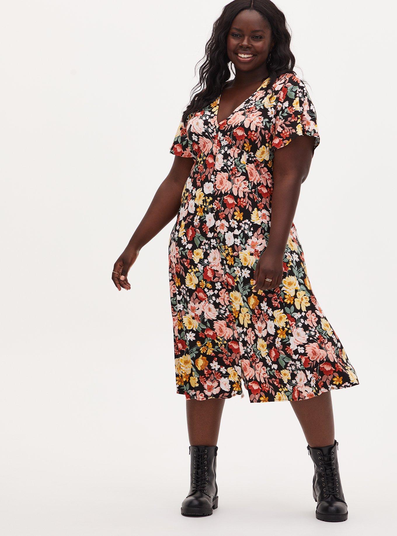 Black Floral Challis Button Front Midi Dress, , hi-res