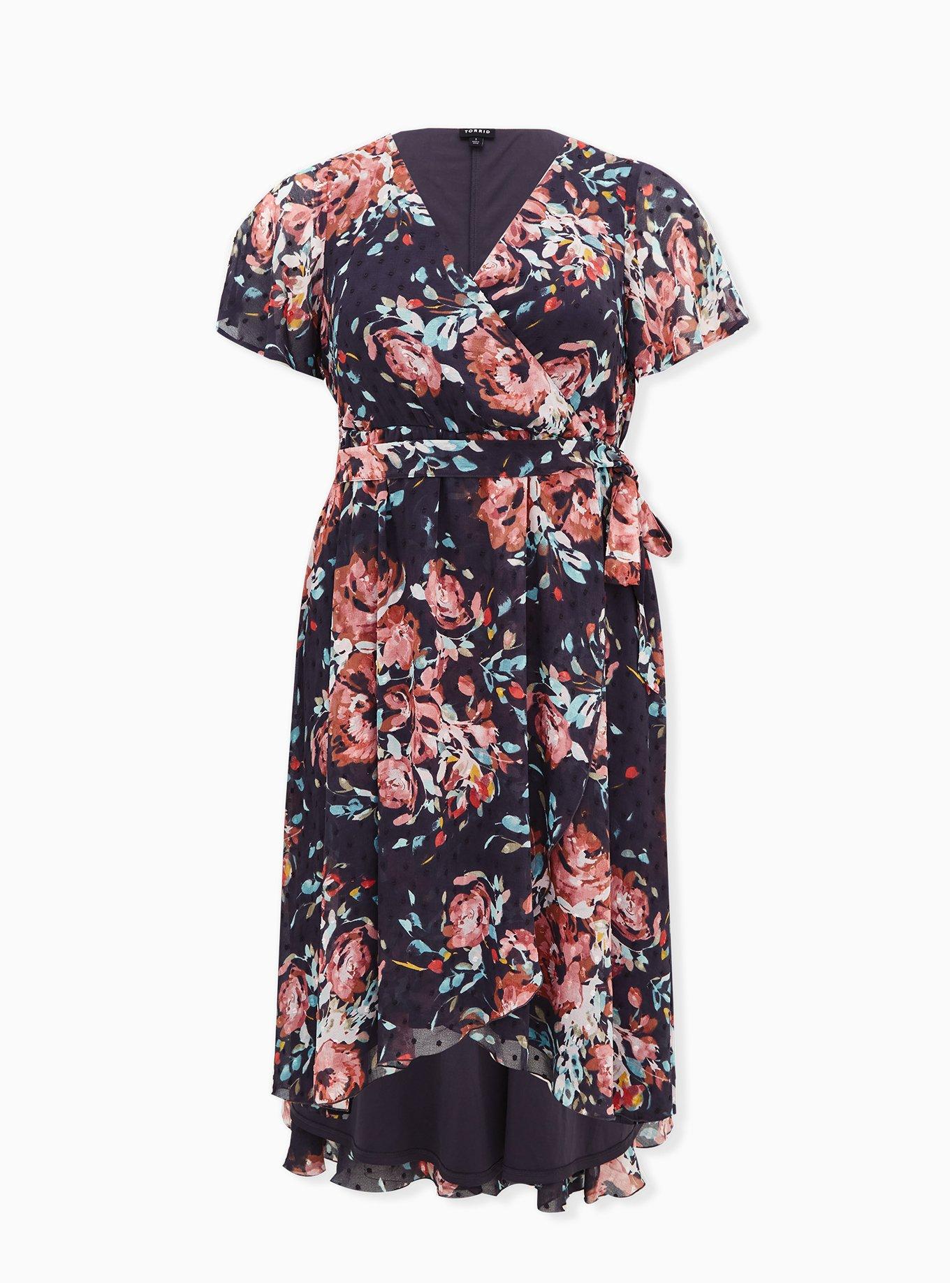 Plus Size - Faux Wrap Dress - Swiss Dot Floral Dark Grey - Torrid