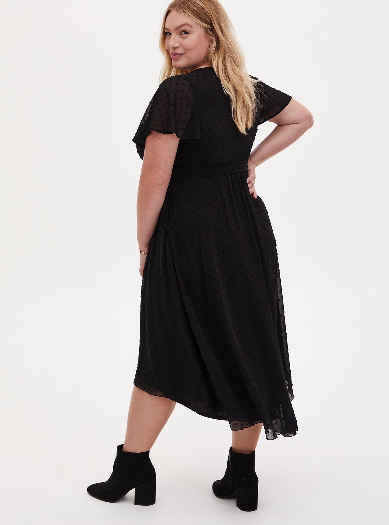 Plus Size Black Swiss Dot Wrap Dress, DEEP BLACK, alternate