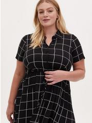 Midi Challis Button-Front Shirt Dress, PLAID BLACK, alternate