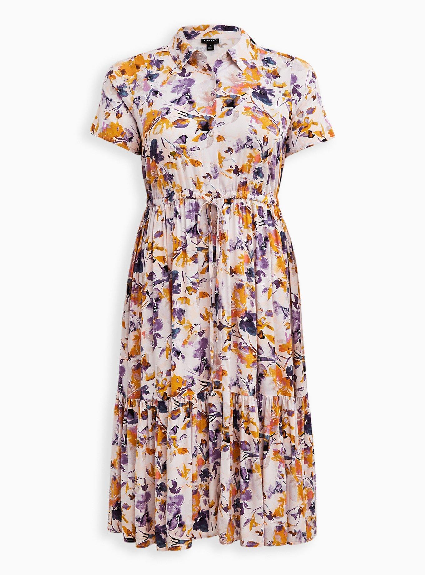 Midi Challis Button-Front Shirt Dress, FLORAL PINK, hi-res
