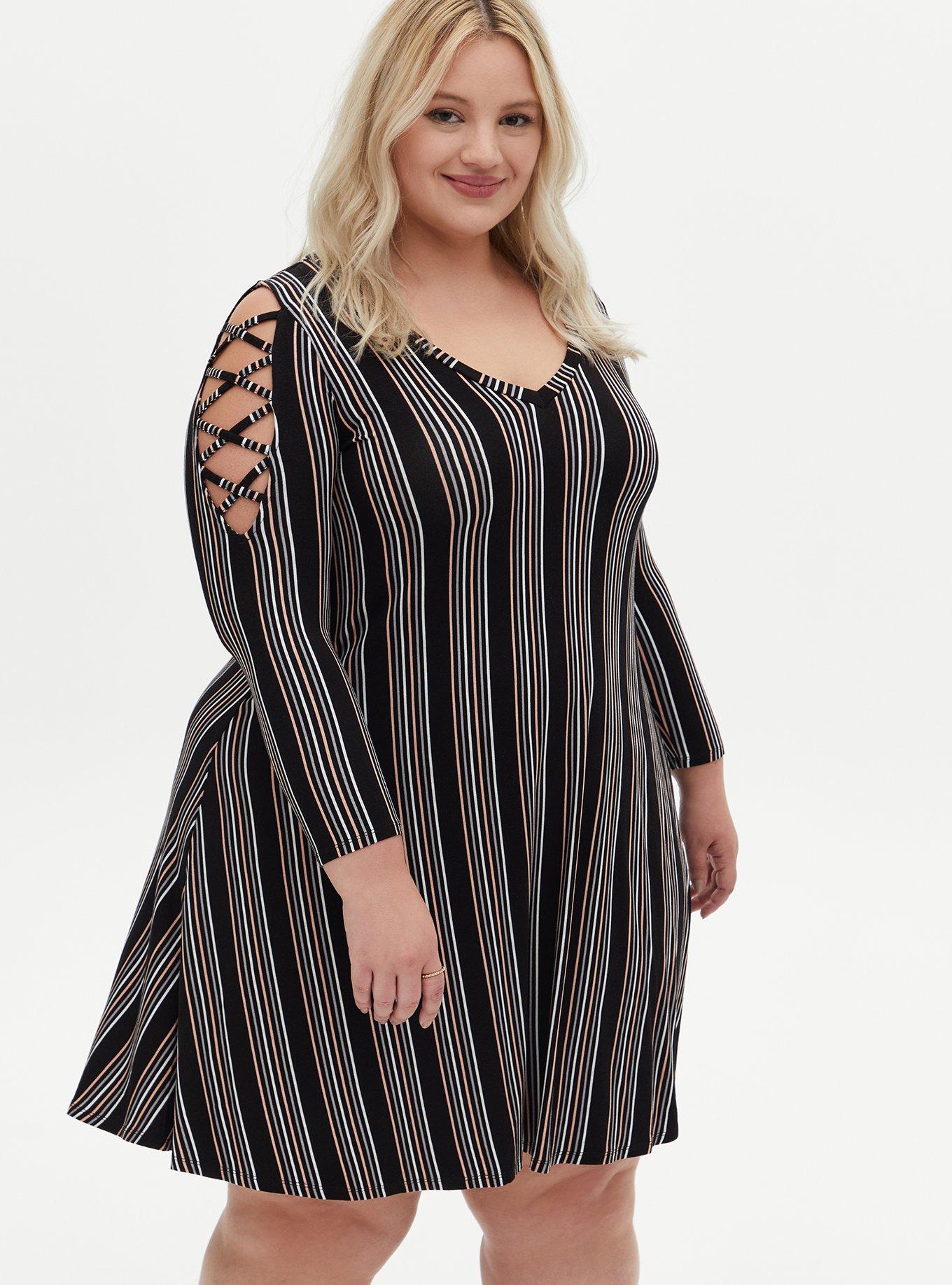 Plus Size Super Soft Black Stripe Lattice Sleeve Mini Trapeze Dress, STRIPE BLACK, alternate