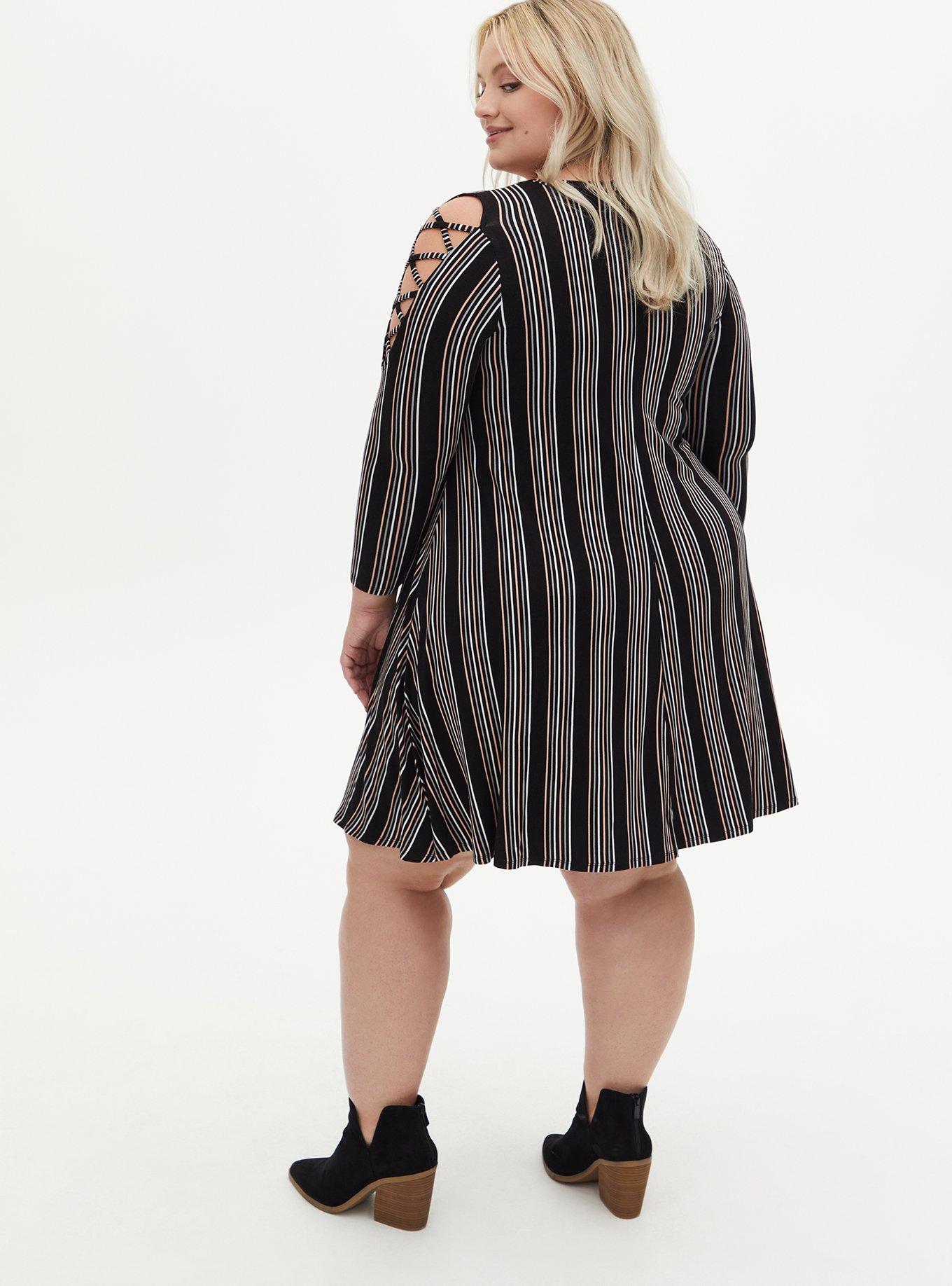 Plus Size Super Soft Black Stripe Lattice Sleeve Mini Trapeze Dress, STRIPE BLACK, alternate