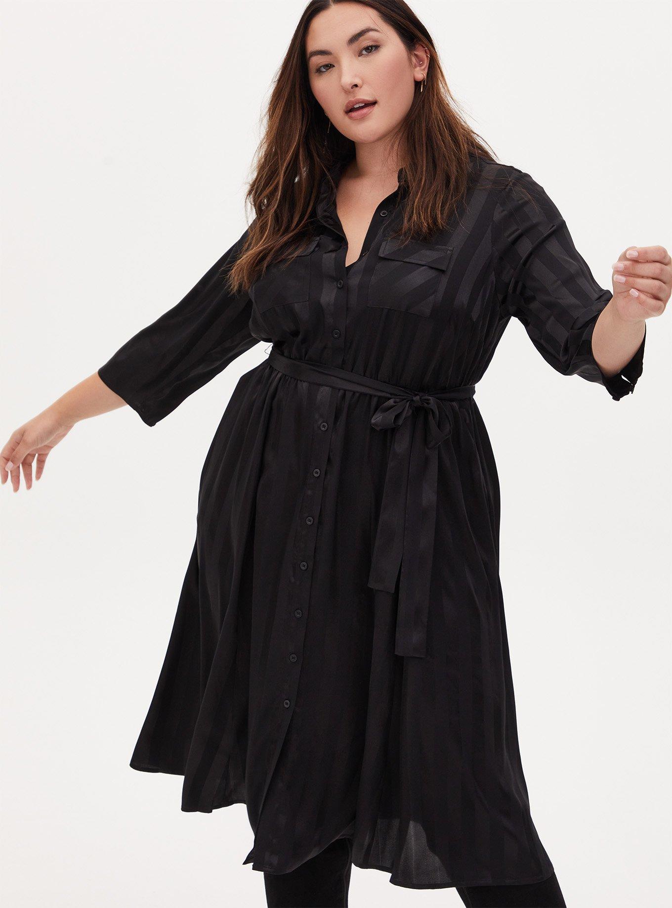 Plus Size - Black Stripe Satin Self Tie Midi Shirt Dress - Torrid