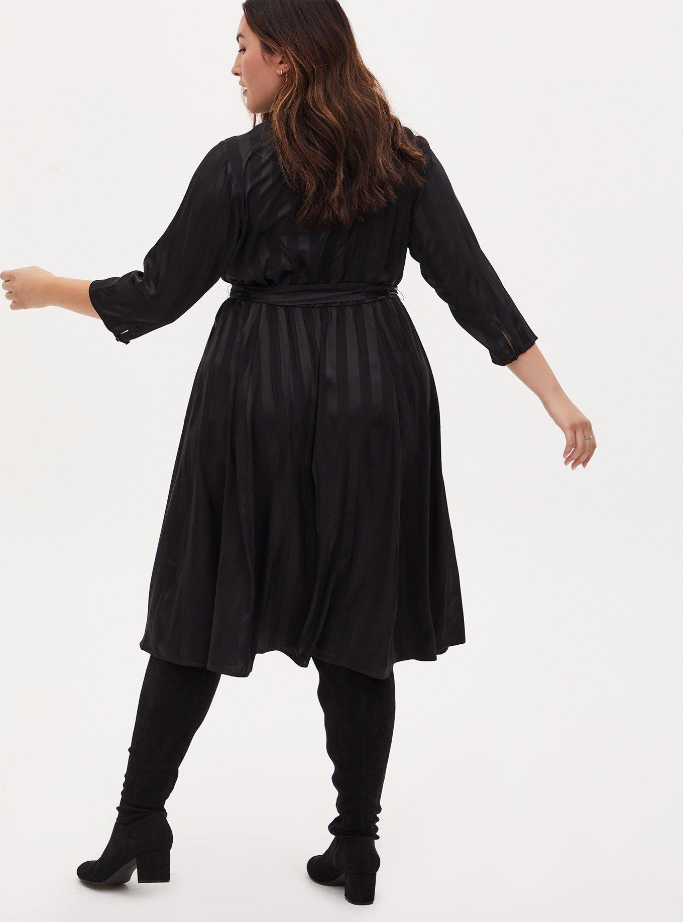 Plus Size Black Stripe Satin Self Tie Midi Shirt Dress , STRIPE BLACK, alternate