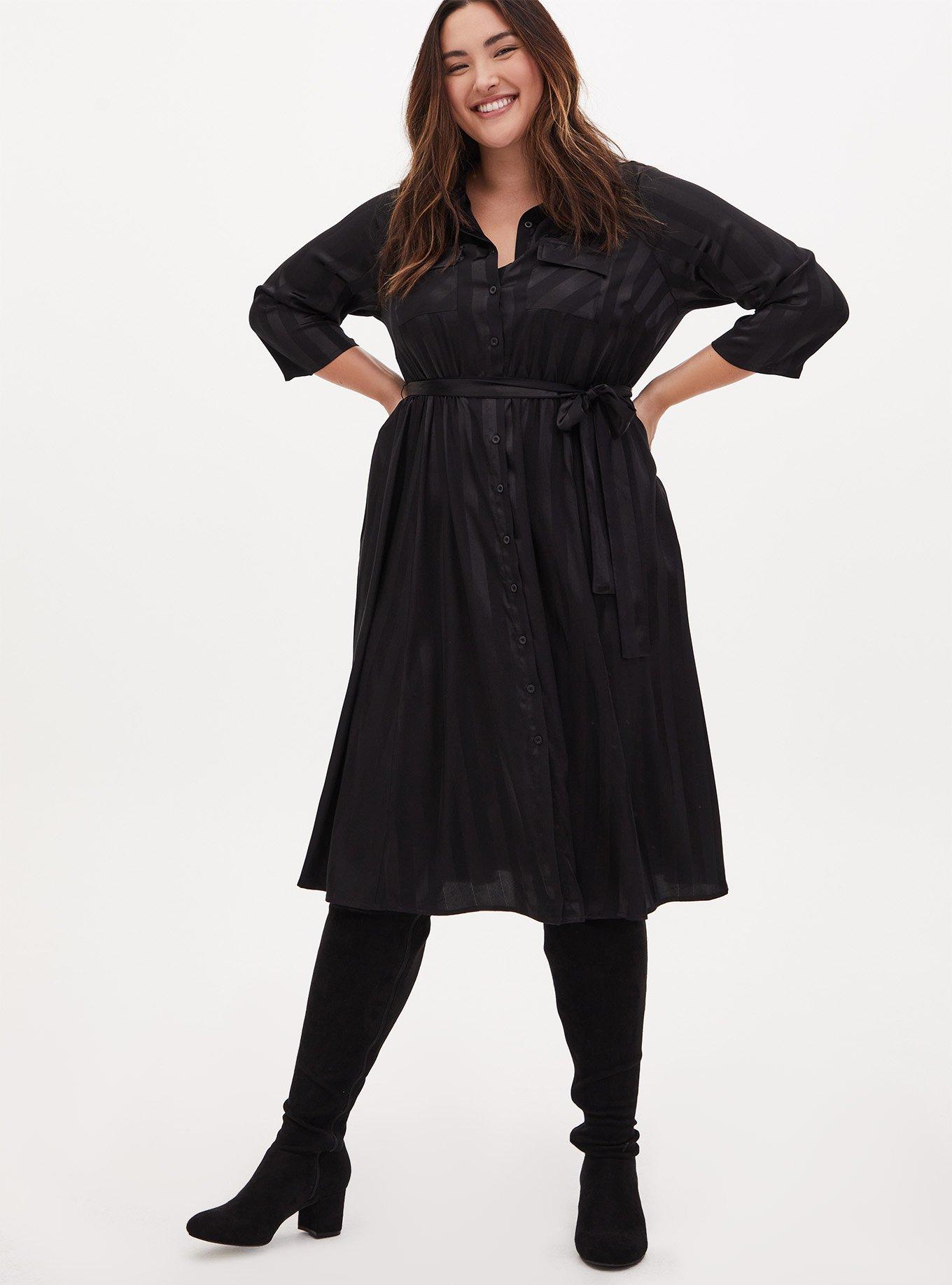 Plus Size Black Stripe Satin Self Tie Midi Shirt Dress , STRIPE BLACK, hi-res