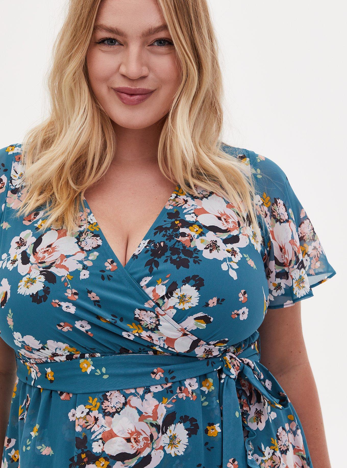 Plus Size Teal Floral Chiffon Wrap Dress, FLORAL GREEN, alternate