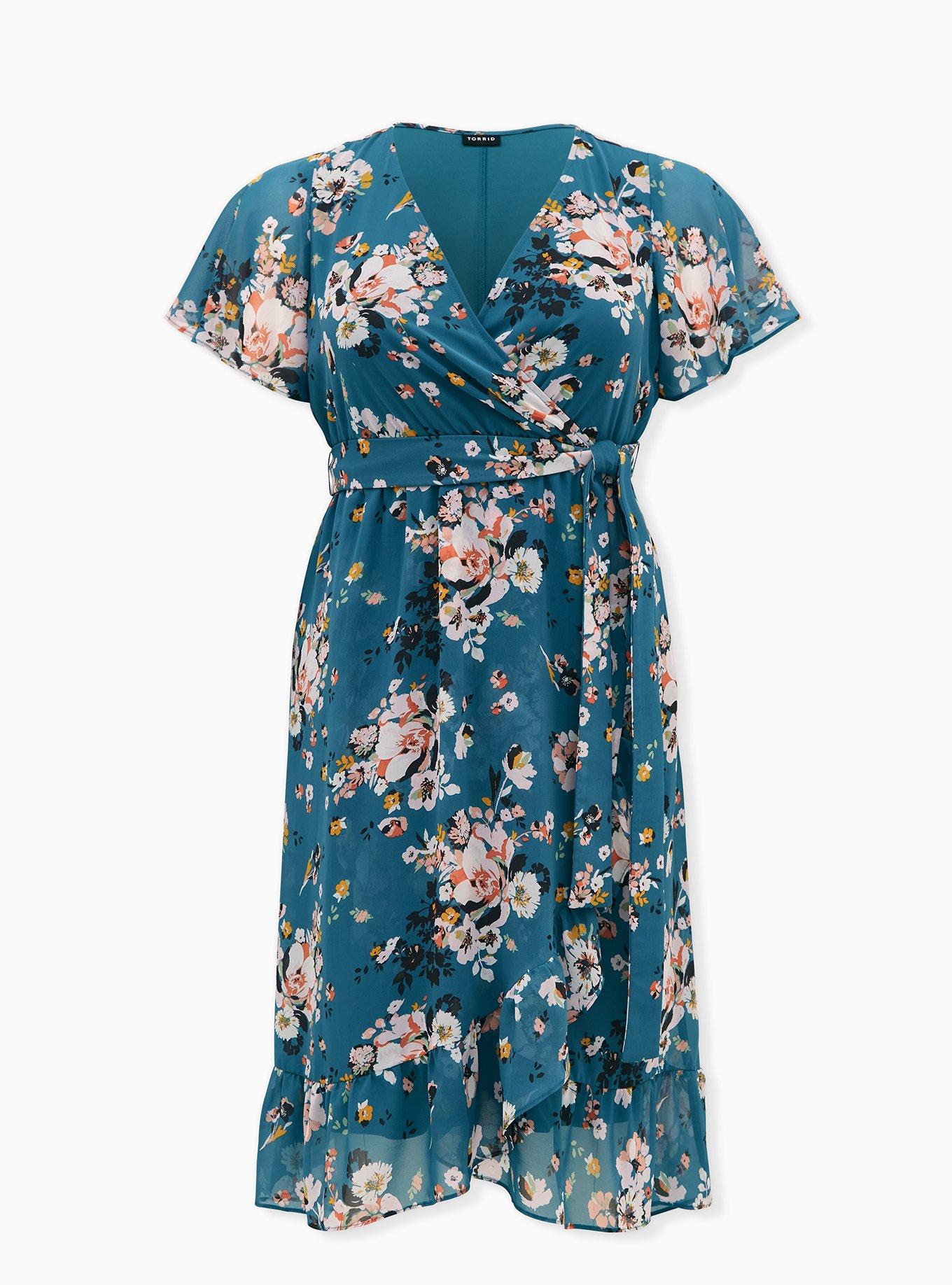 Teal Floral Chiffon Wrap Dress, , hi-res