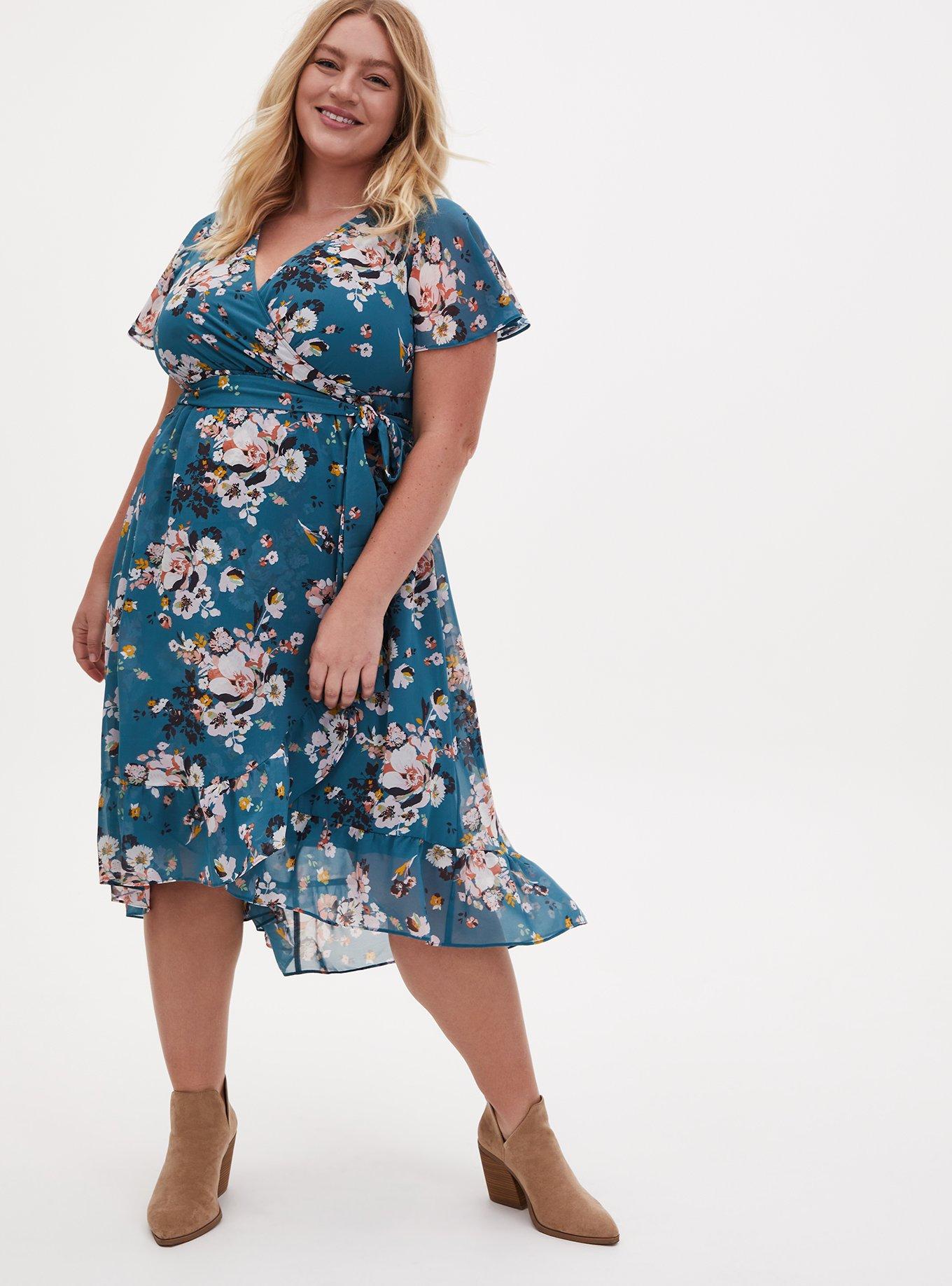 Plus Size Teal Floral Chiffon Wrap Dress, FLORAL GREEN, hi-res