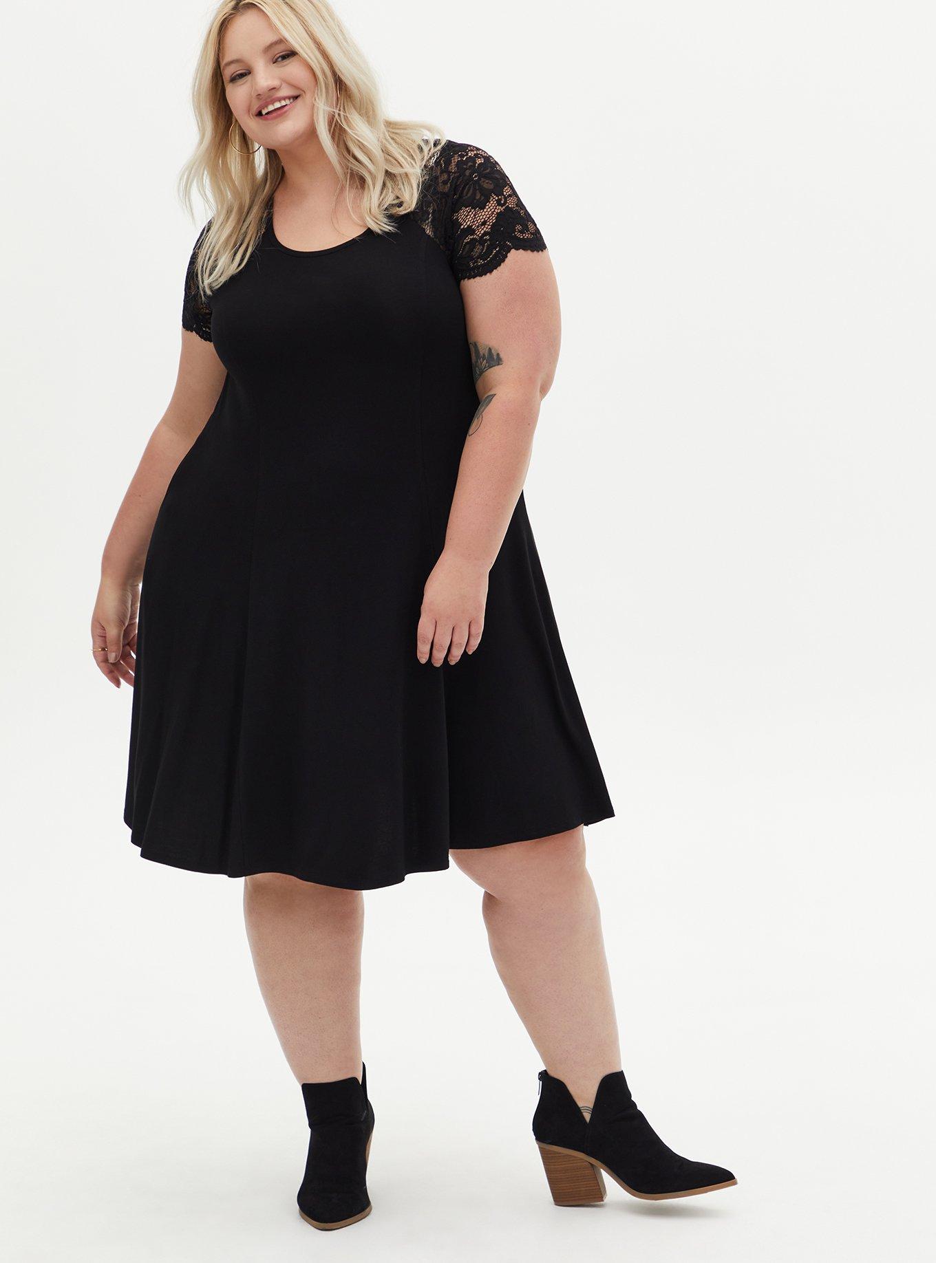 Super Soft Black Lace Sleeve Fluted Dress, DEEP BLACK, hi-res