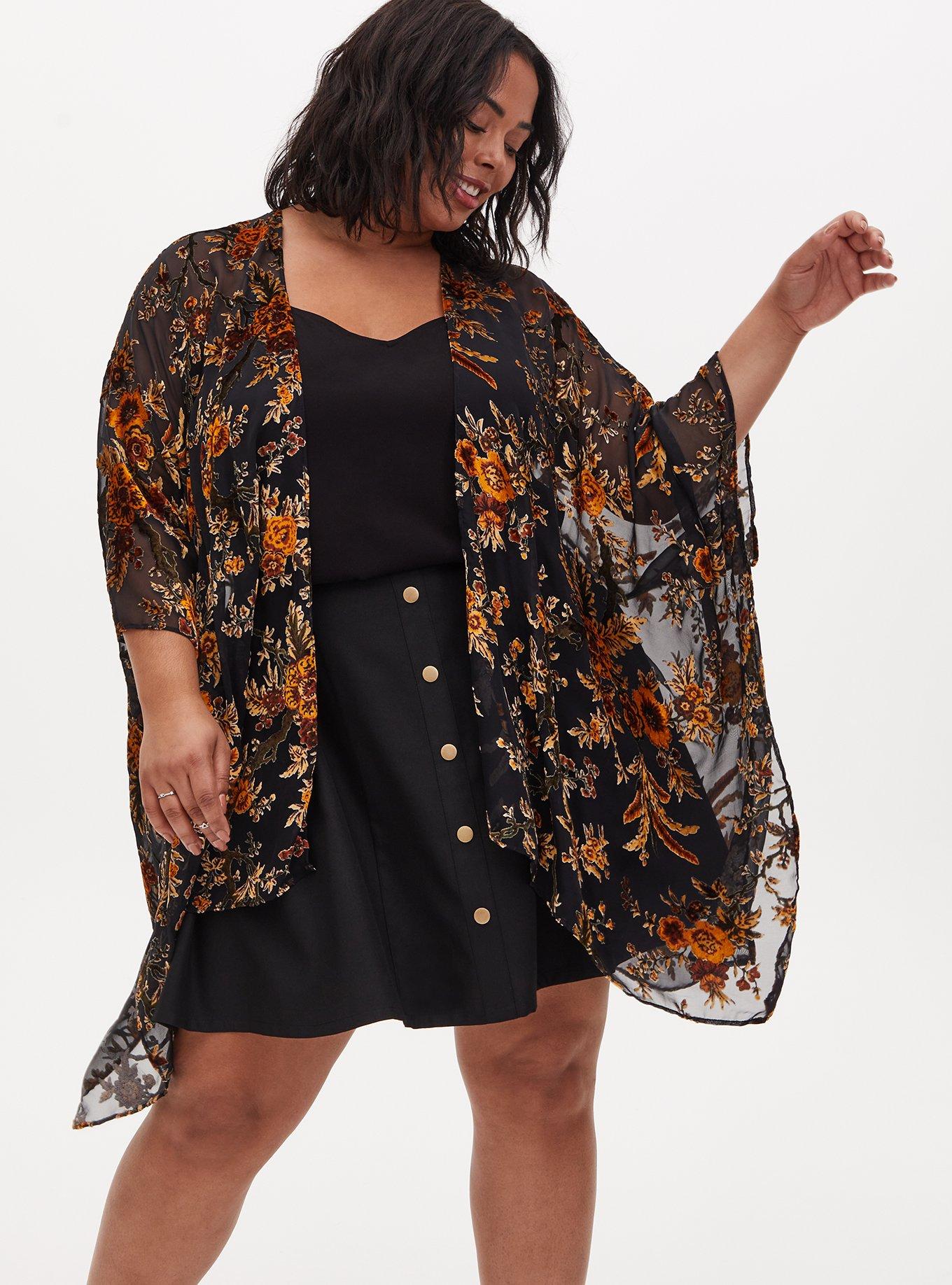 Unique Vintage Plus Size Black & Floral Burnout Sleeve Bodysuit