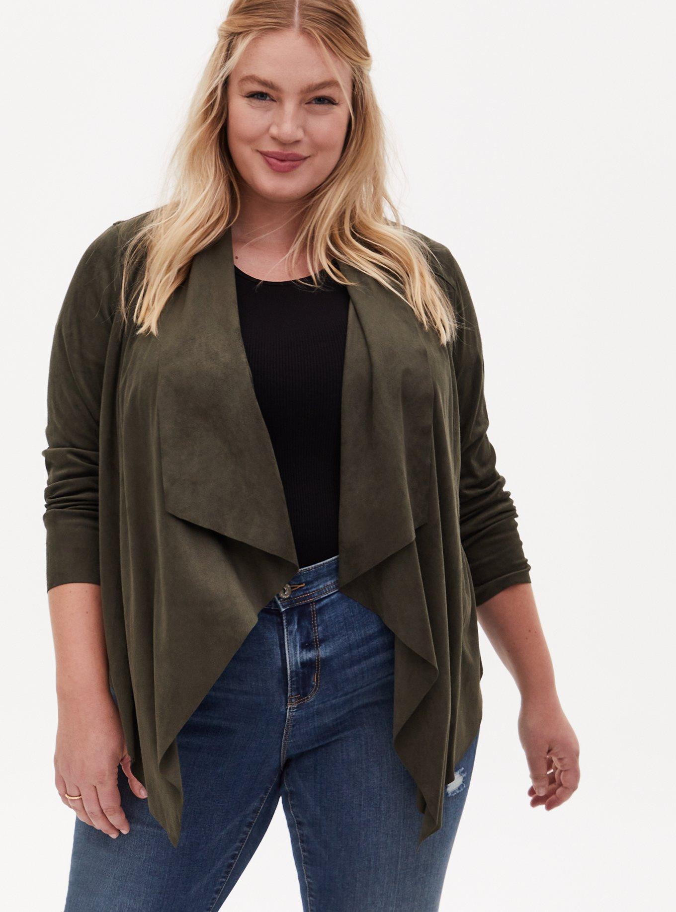 Torrid Faux Suede Drape Front Jacket Long Sleeve Open Front Olive