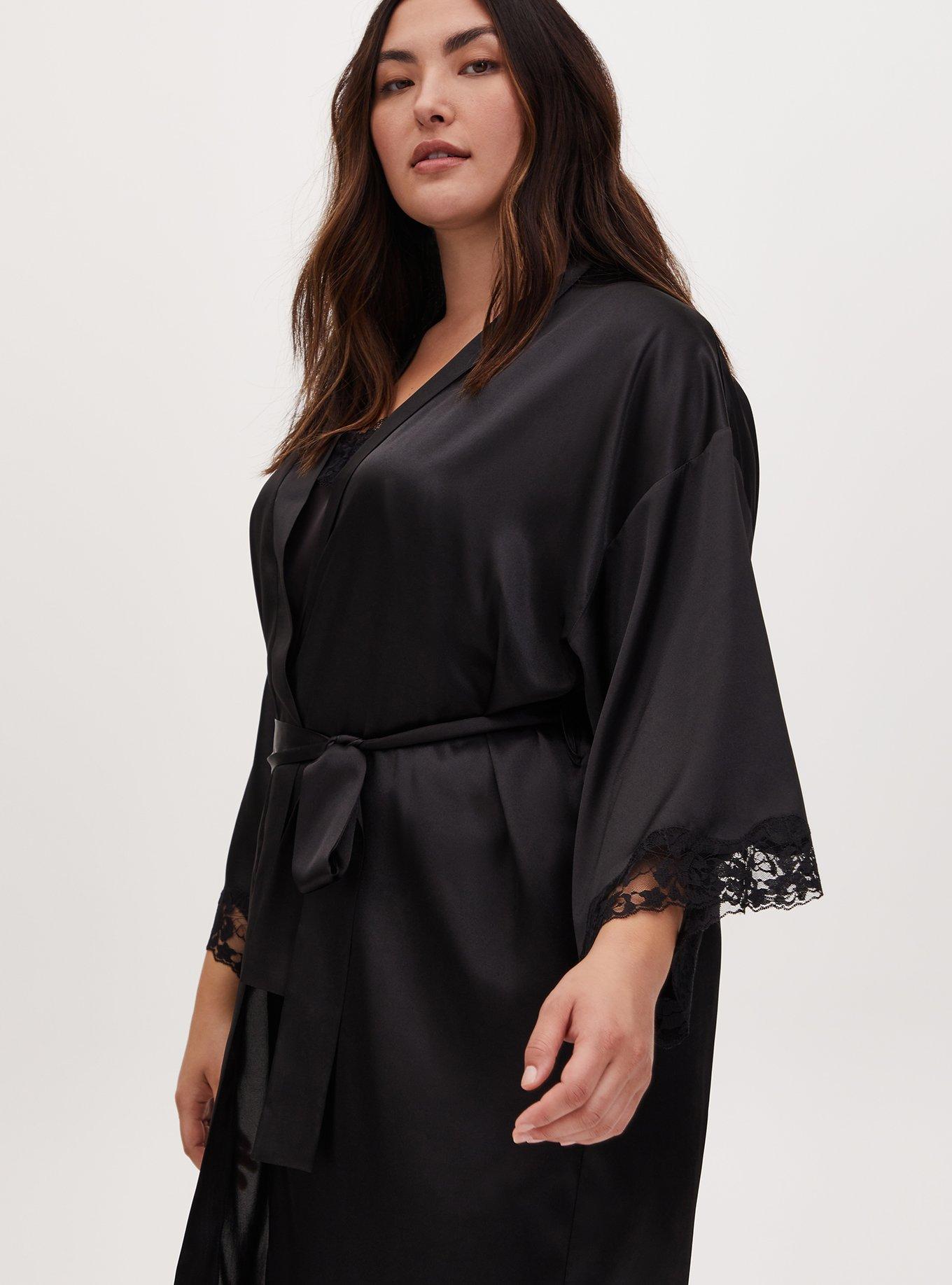 Black Satin & Lace Trim Self Tie Long Robe, BLACK, alternate