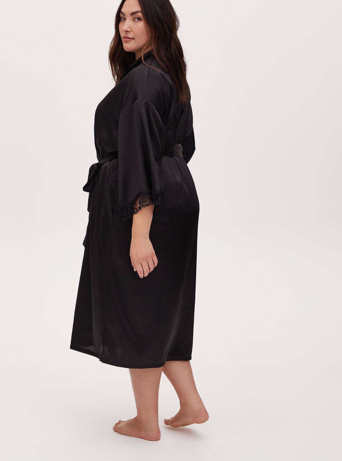 Black Satin & Lace Trim Self Tie Long Robe, BLACK, alternate