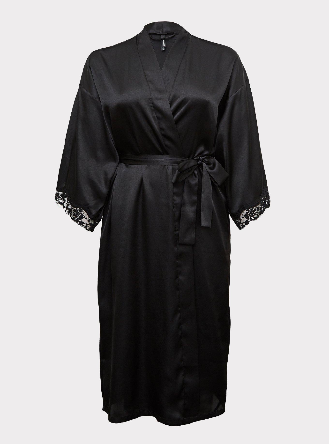 Black Satin & Lace Trim Self Tie Long Robe, BLACK, hi-res