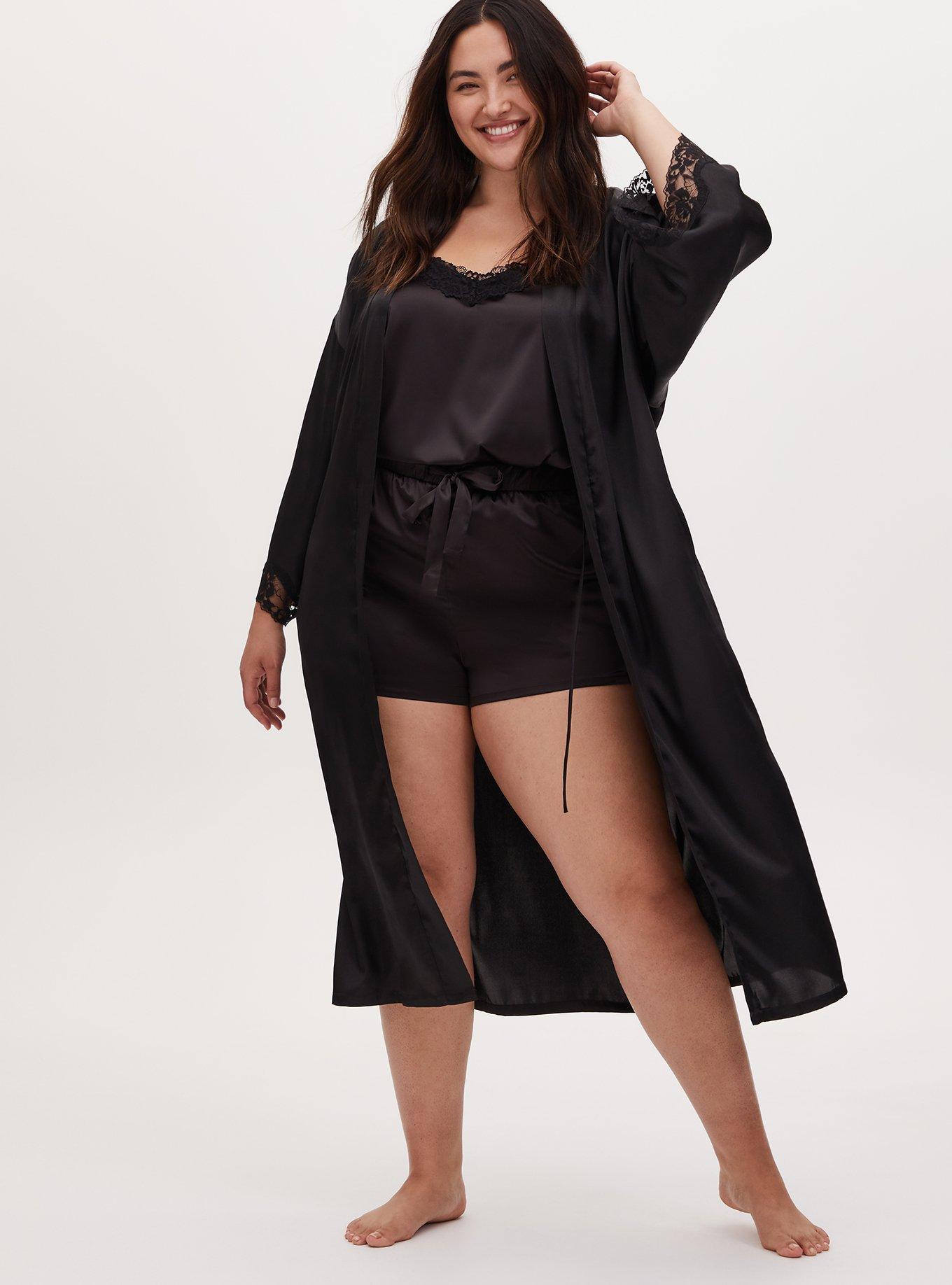 Black Satin & Lace Trim Self Tie Long Robe, BLACK, hi-res