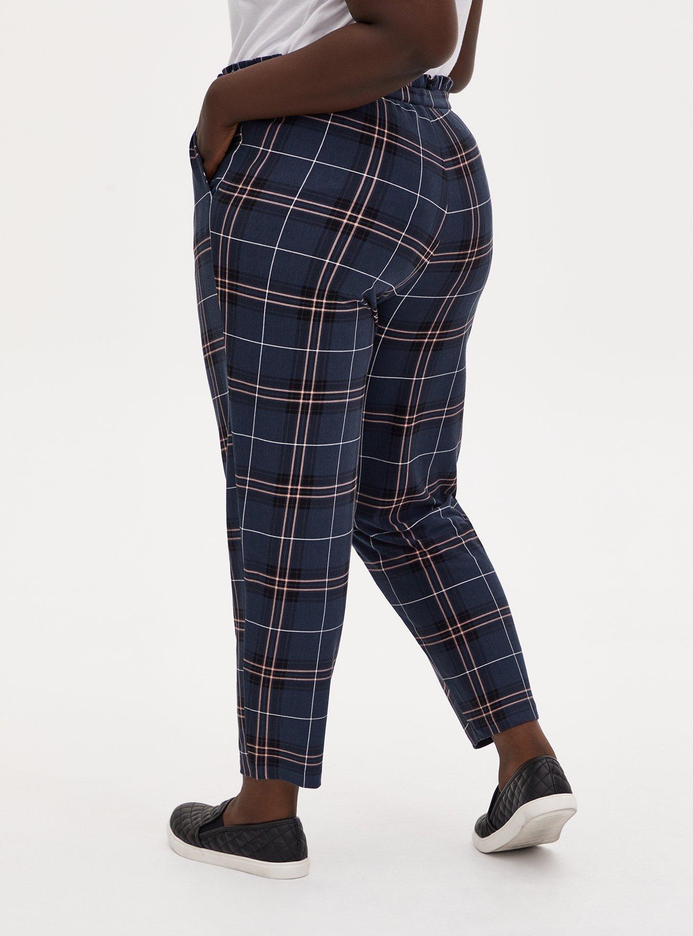 Plus Size Navy Plaid Ponte Drawstring Paperbag Pant, PLAID, alternate
