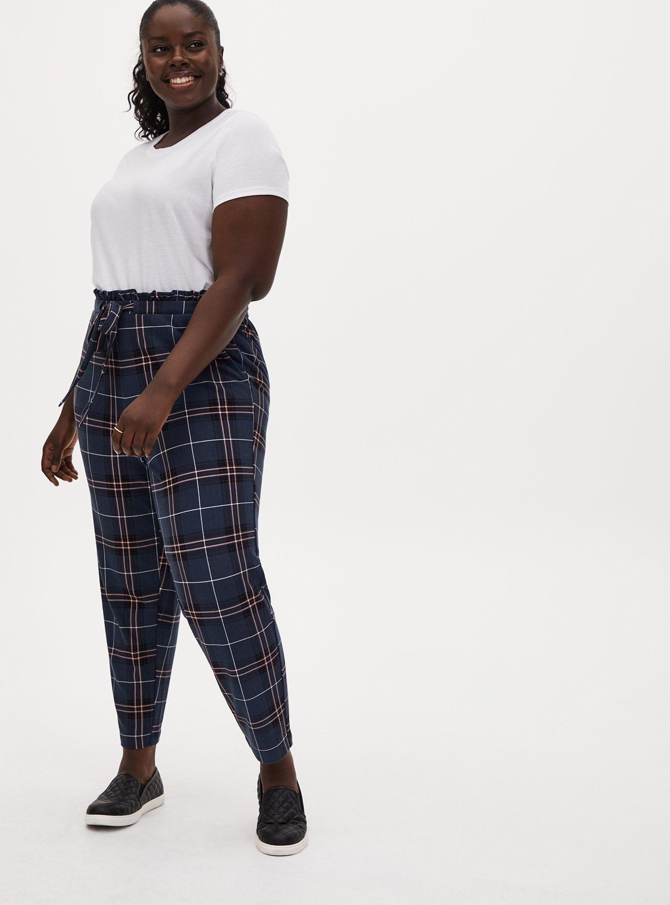 Plus Size Navy Plaid Ponte Drawstring Paperbag Pant, PLAID, alternate