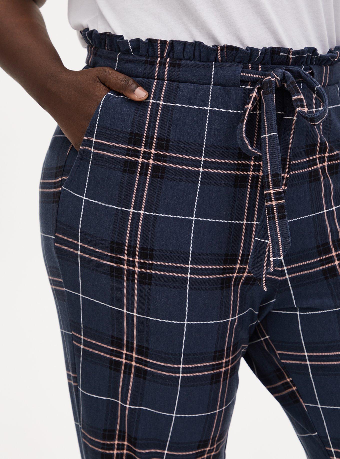 Plus Size Navy Plaid Ponte Drawstring Paperbag Pant, PLAID, alternate