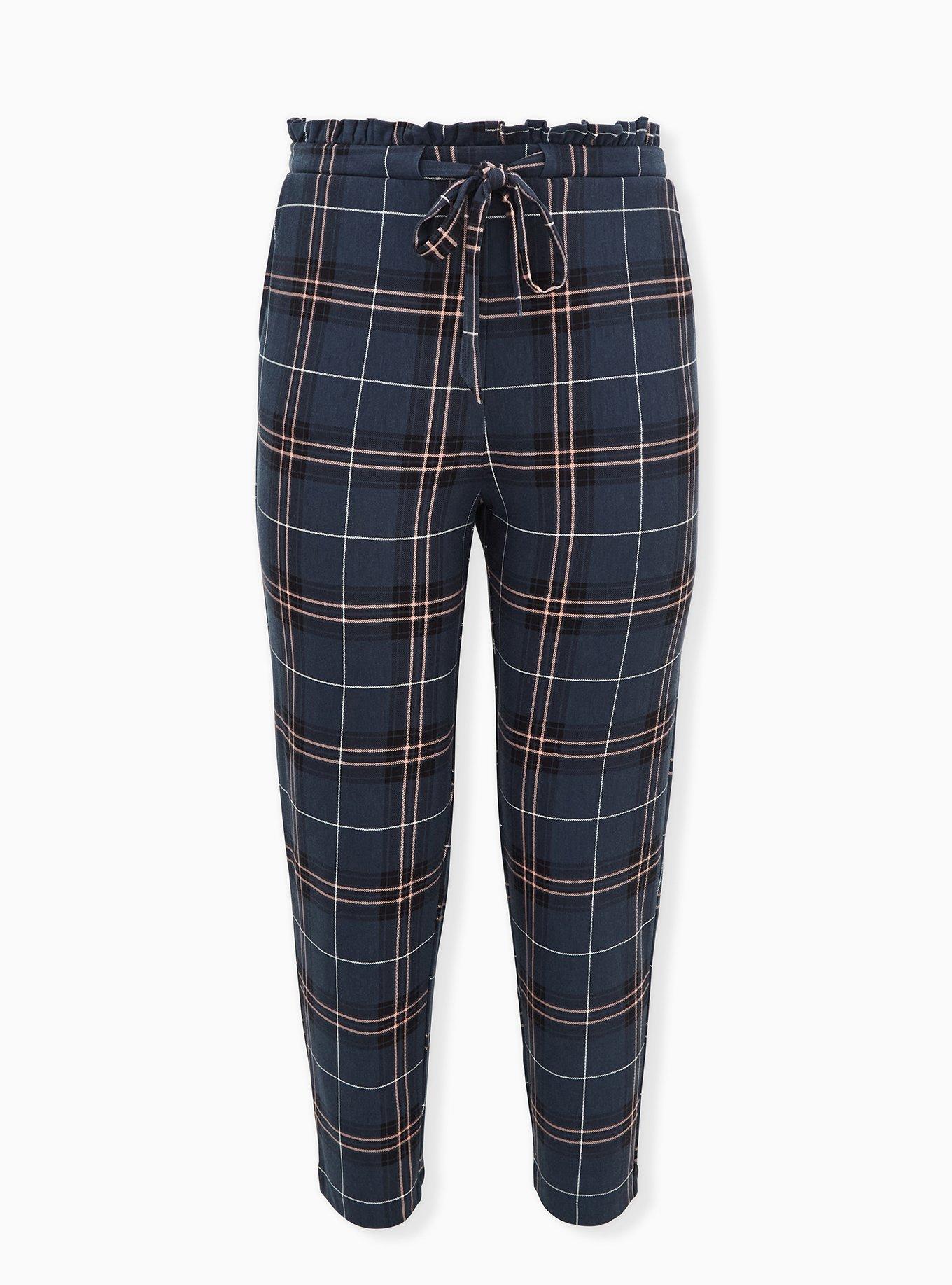 Navy Plaid Ponte Drawstring Paperbag Pant, , hi-res
