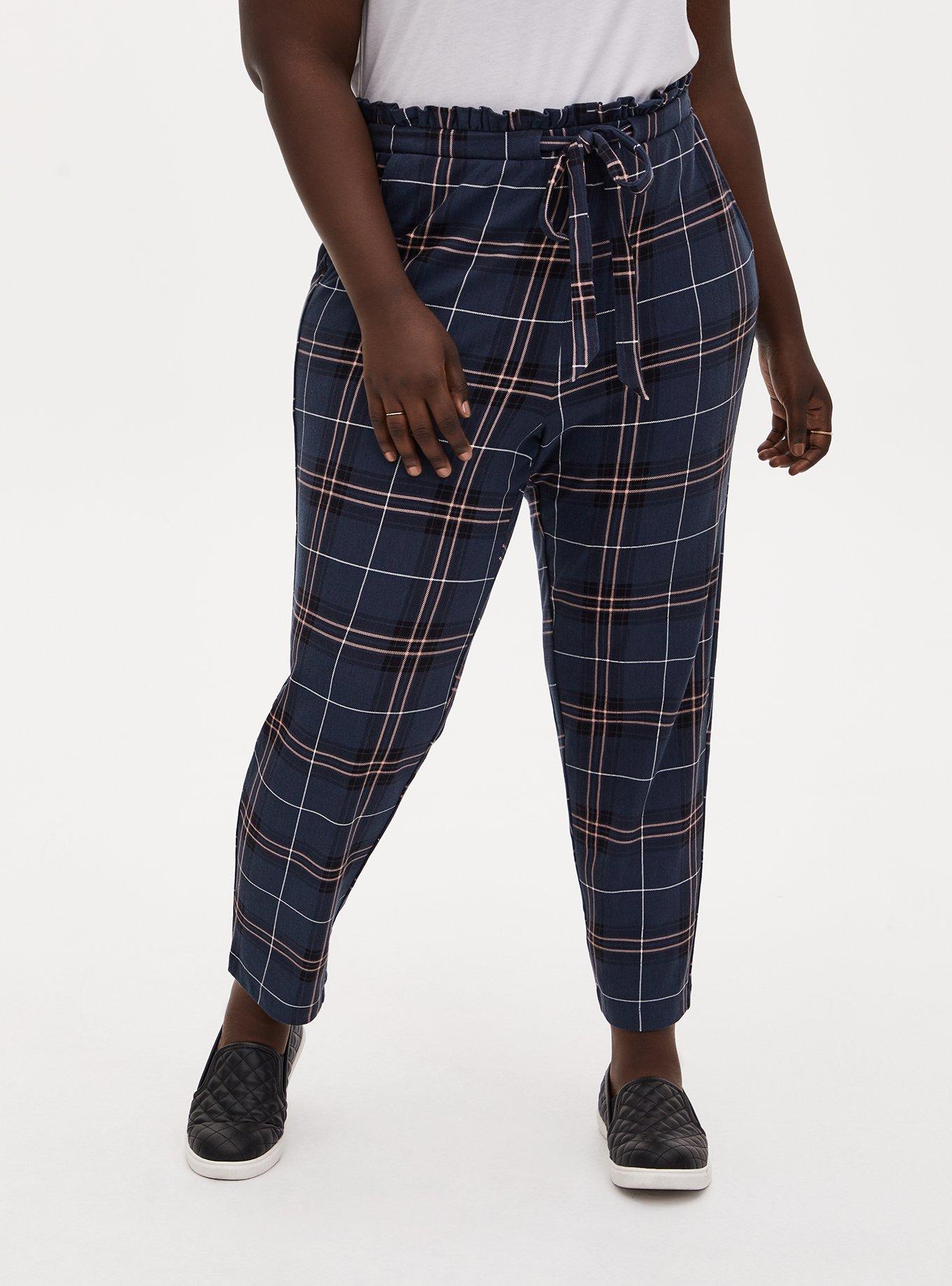 Navy Plaid Ponte Drawstring Paperbag Pant, , hi-res