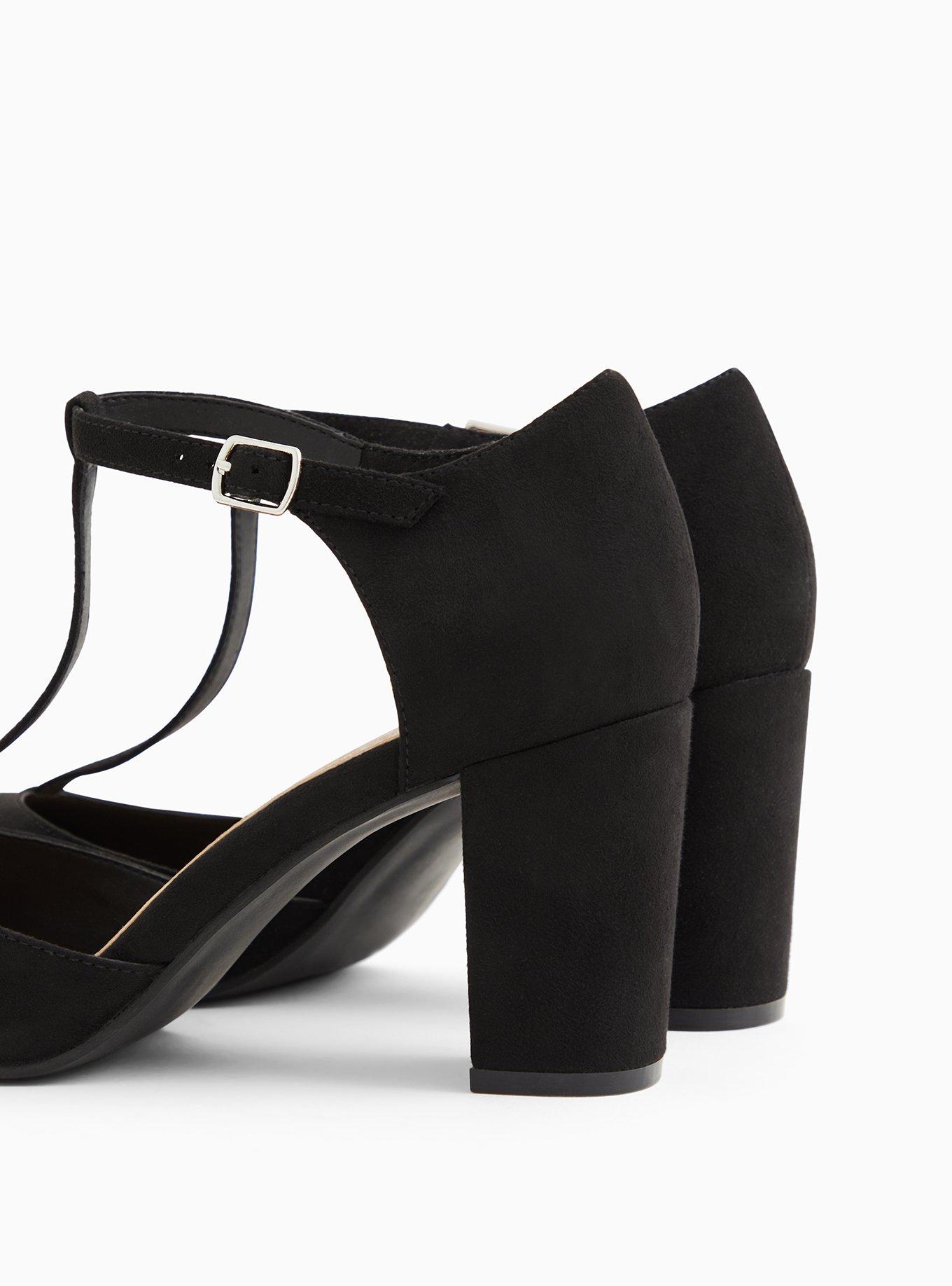 Black Faux Suede T-Strap Mary Jane Tapered Heel (WW), BLACK, alternate