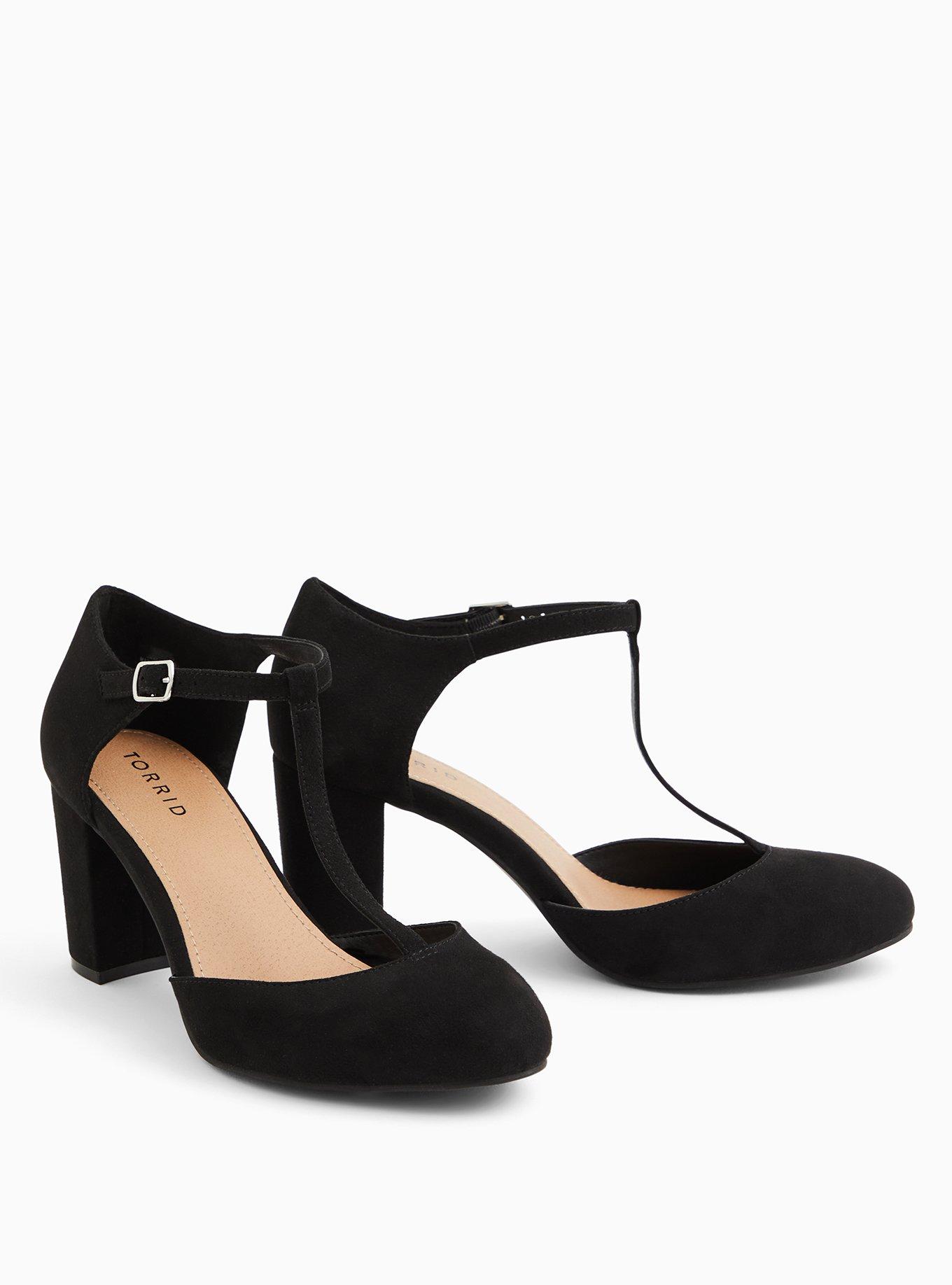 Black Faux Suede T-Strap Mary Jane Tapered Heel (WW), BLACK, alternate