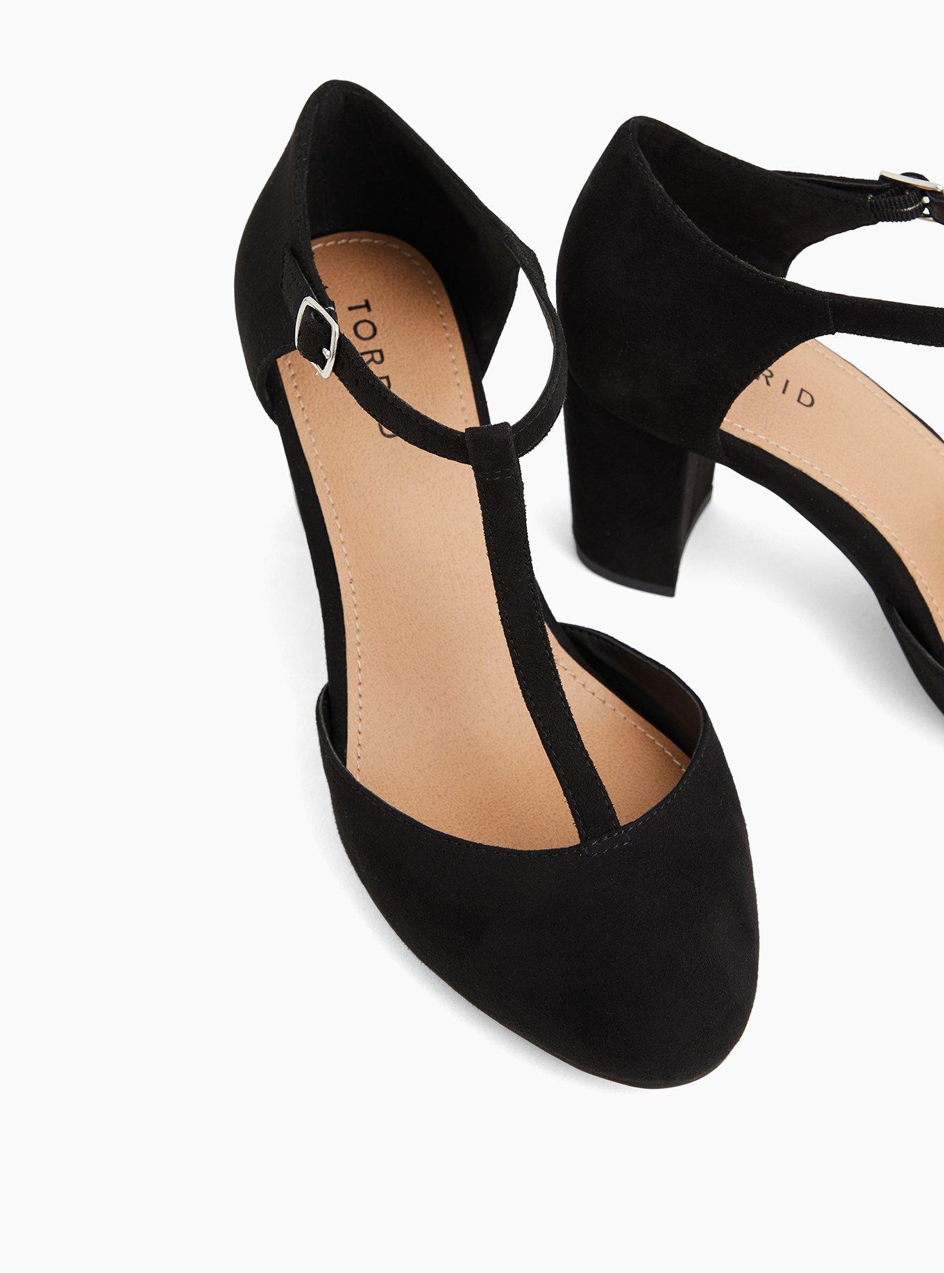 Black Faux Suede T-Strap Mary Jane Tapered Heel (WW), BLACK, hi-res