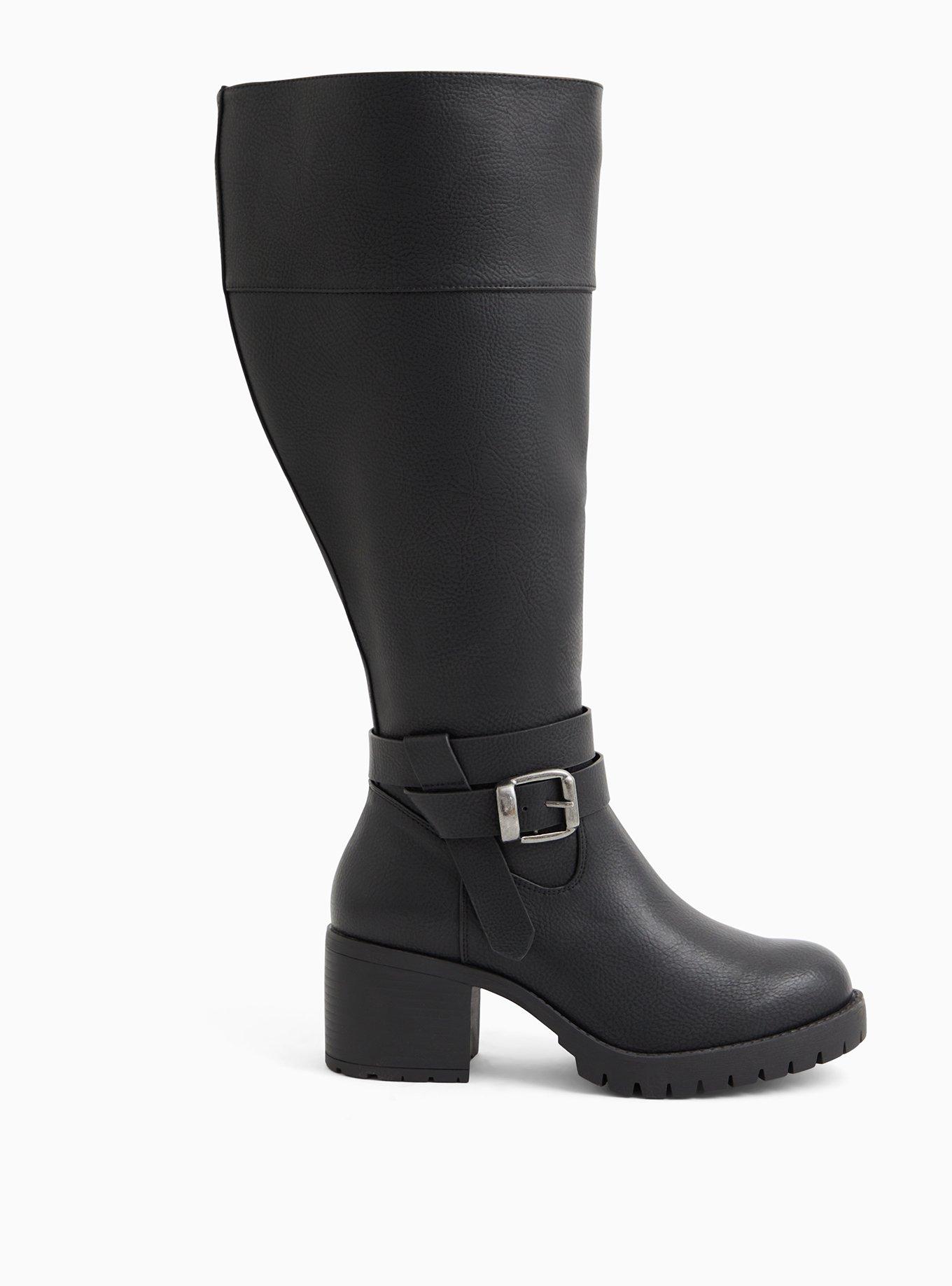 Plus Size Black Faux Leather Lug Sole Knee-High Boot (WW), BLACK, alternate