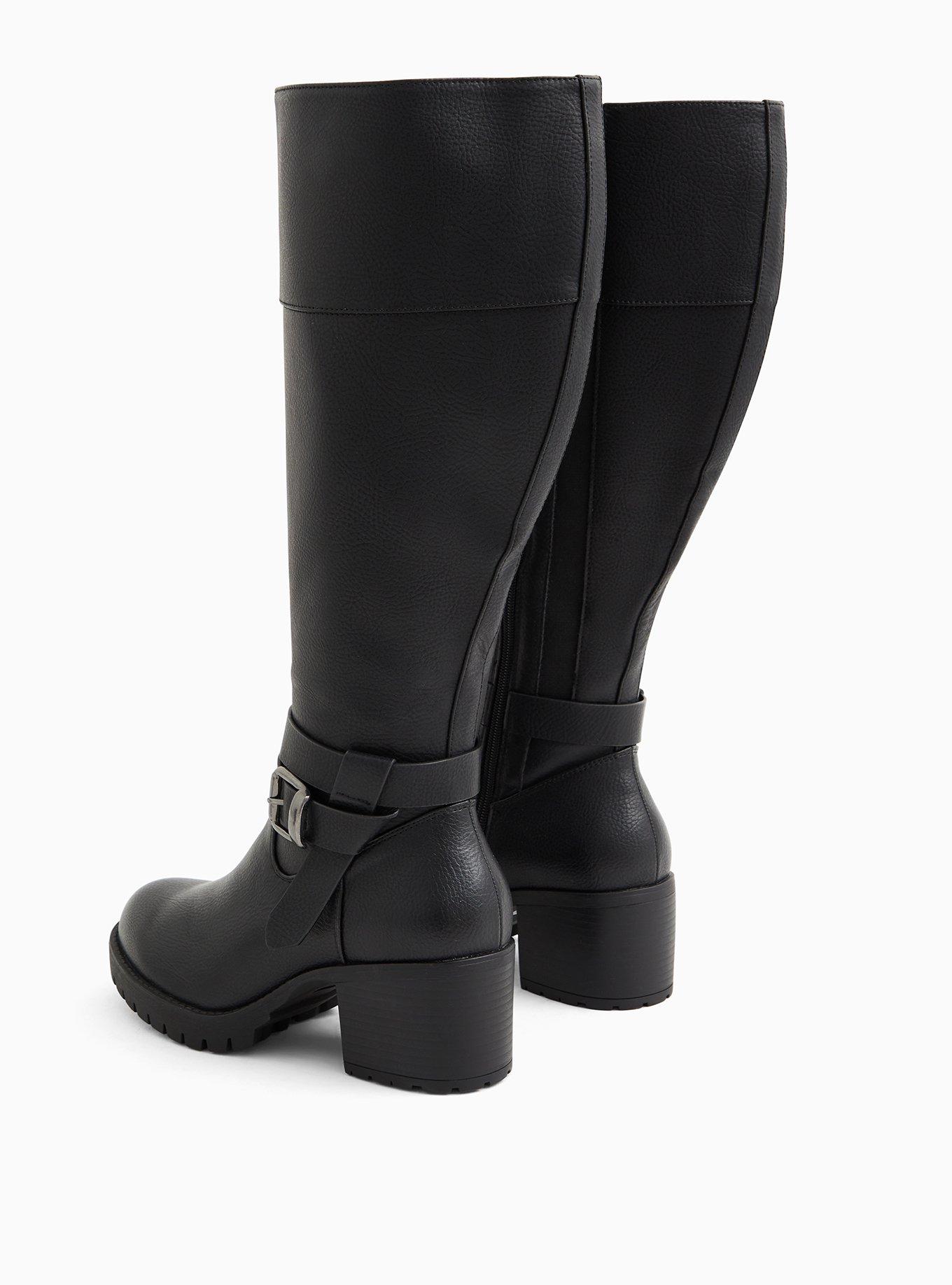 Plus Size Black Faux Leather Lug Sole Knee-High Boot (WW), BLACK, alternate