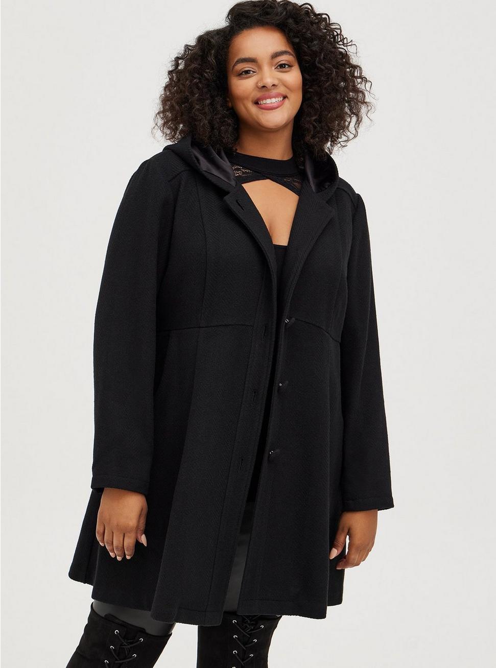 Wool Fit And Flare Coat, DEEP BLACK, hi-res