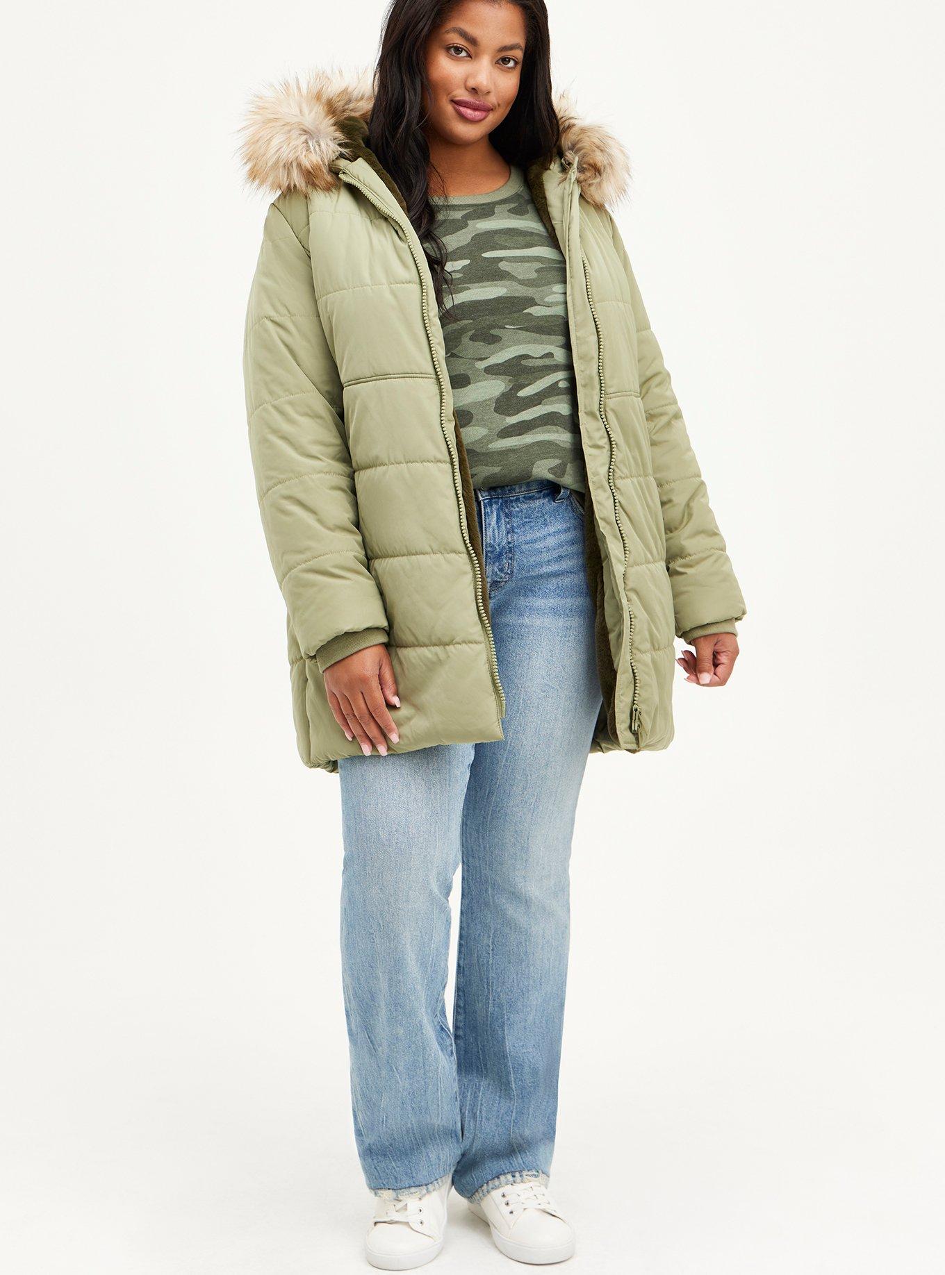 Nylon Fur Trim Fit And Flare Puffer, OLIVE, alternate